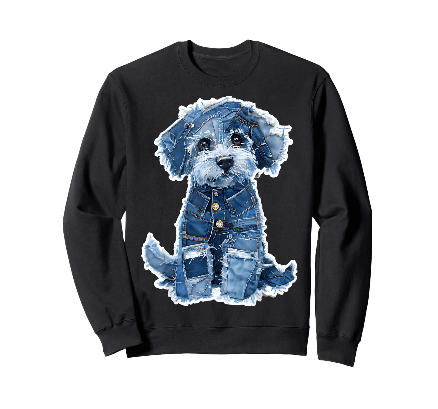 Retro Dog Pattern Denim Patchwork Graphic Art T-Shirt