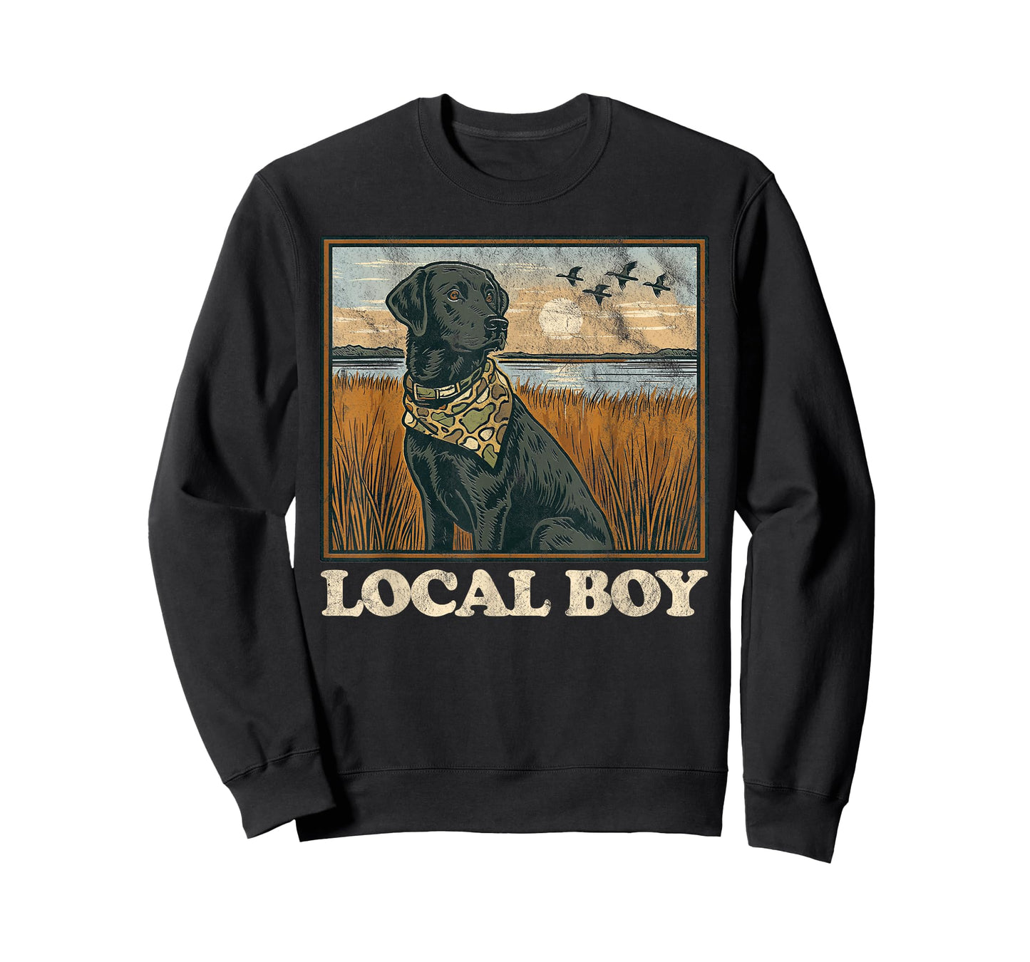 Local Boy Black Lab Hunting Dog Marsh Scene Sunset Vintage T-Shirt