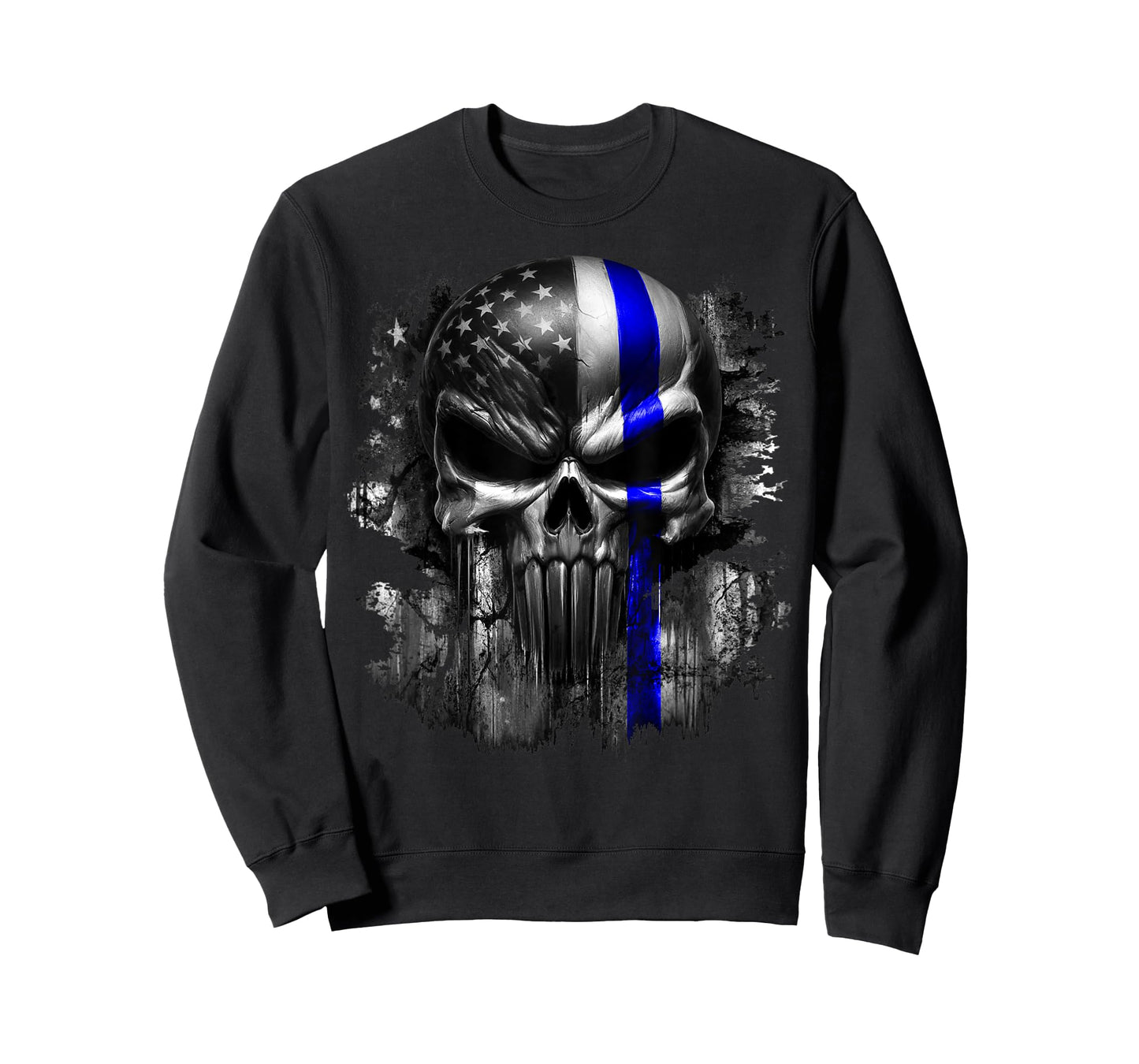 USA American Skull Patriotic Flag Blue Line Grunge Graphic Women Men T-Shirt
