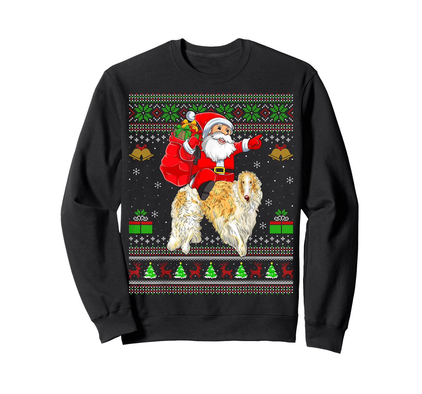 Ugly Xmas Sweater Funny Santa Riding Borzoi Dog Christmas T-Shirt