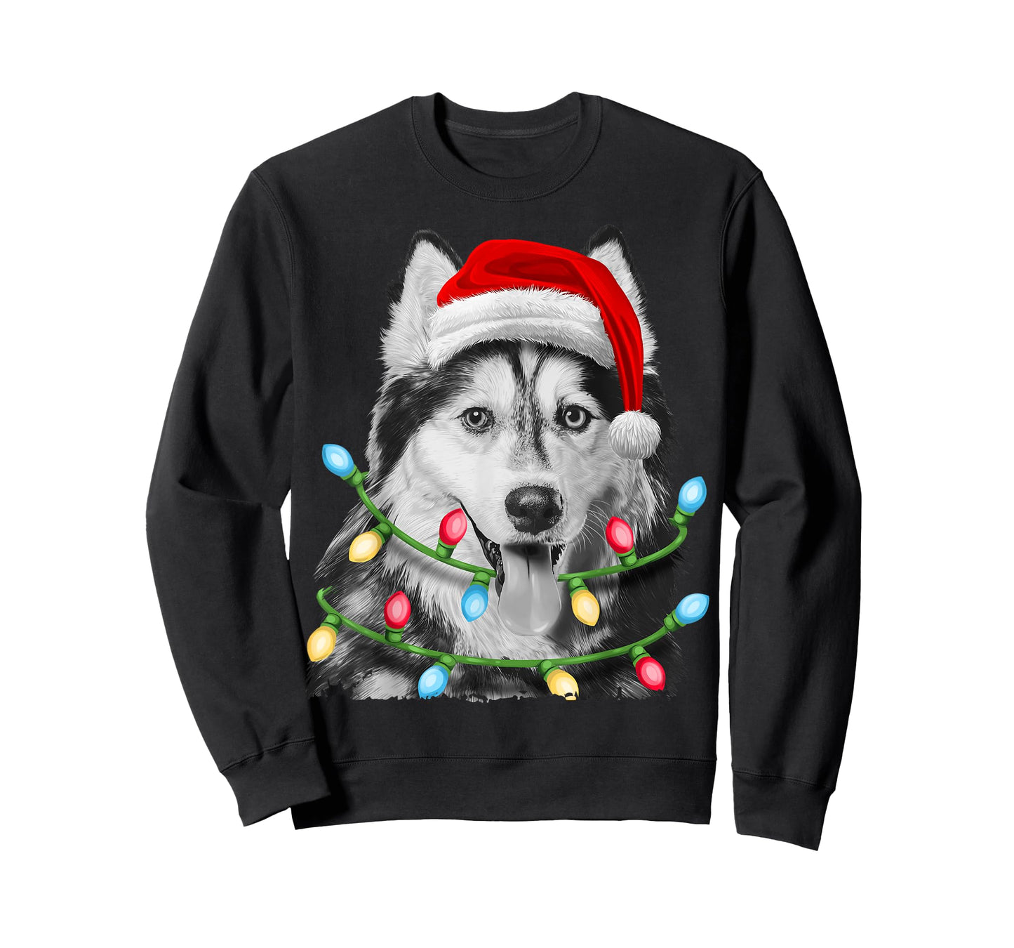Siberian Husky Santa Christmas Tree Lights Xmas Boys Dog T-Shirt