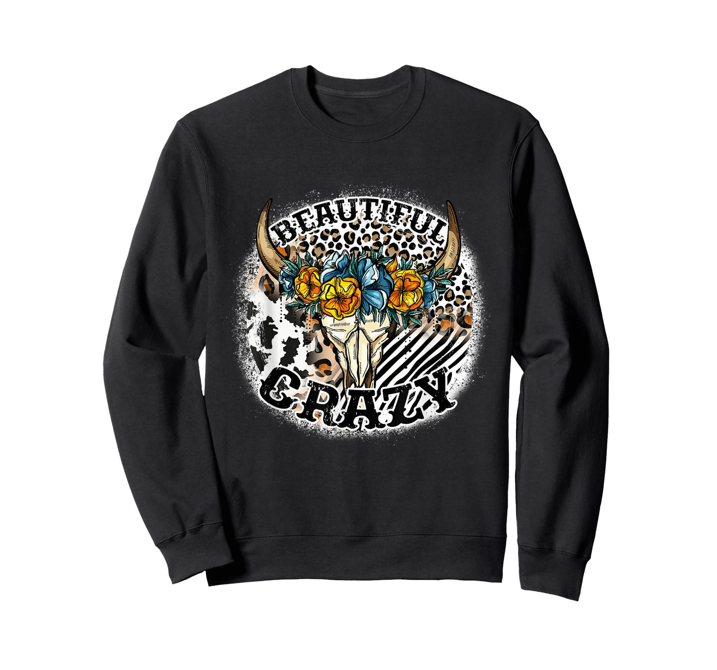 Beautiful Bull Skull Flower Crazy Cow Skull Leopard-Print T-Shirt