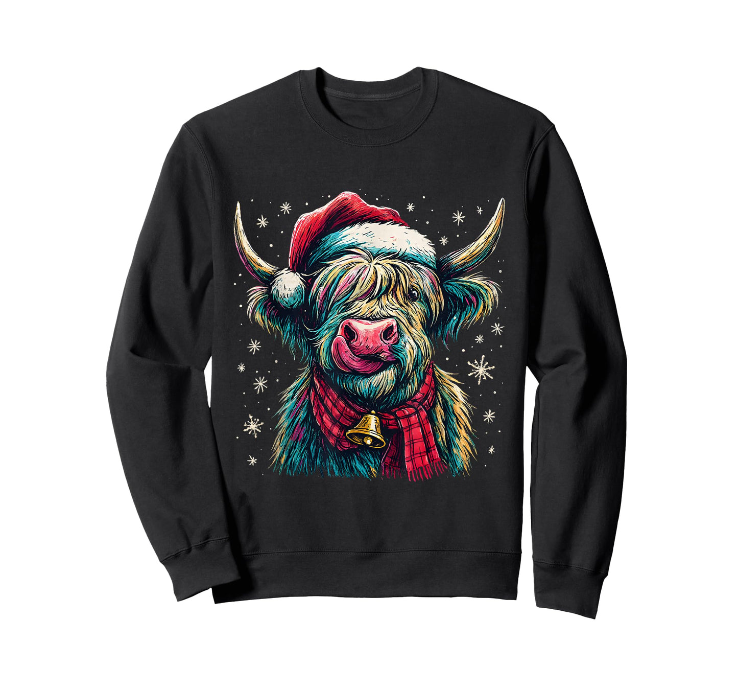 Highland Cow Christmas Santa Hat Plaid Bell Holiday Art T-Shirt
