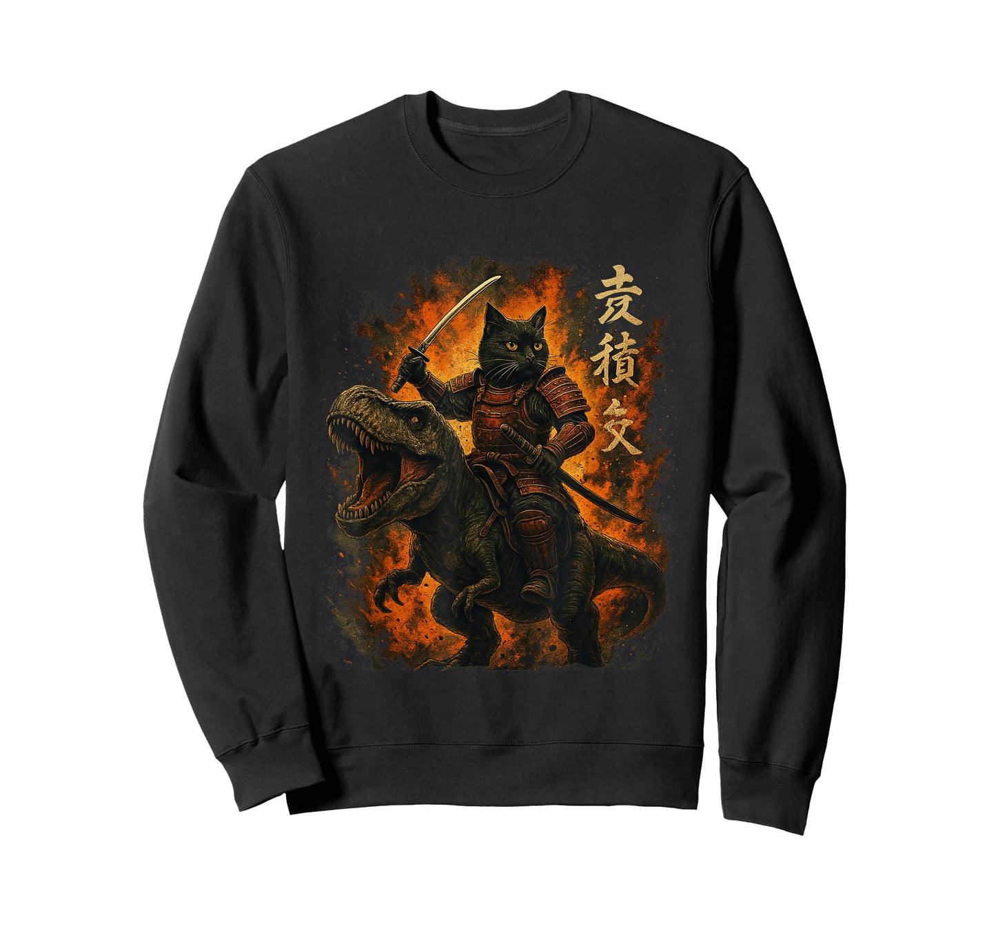 Samurai Cat Riding Dinosaur Japanese Black Cat Kanji T-Shirt