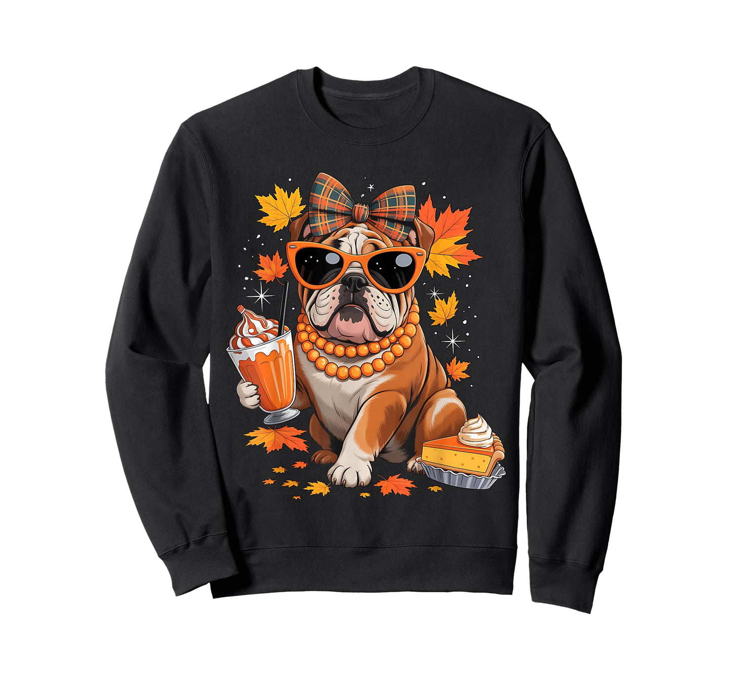 English Bulldog Bow Girls Fall Autumn Leaves Thanksgiving T-Shirt