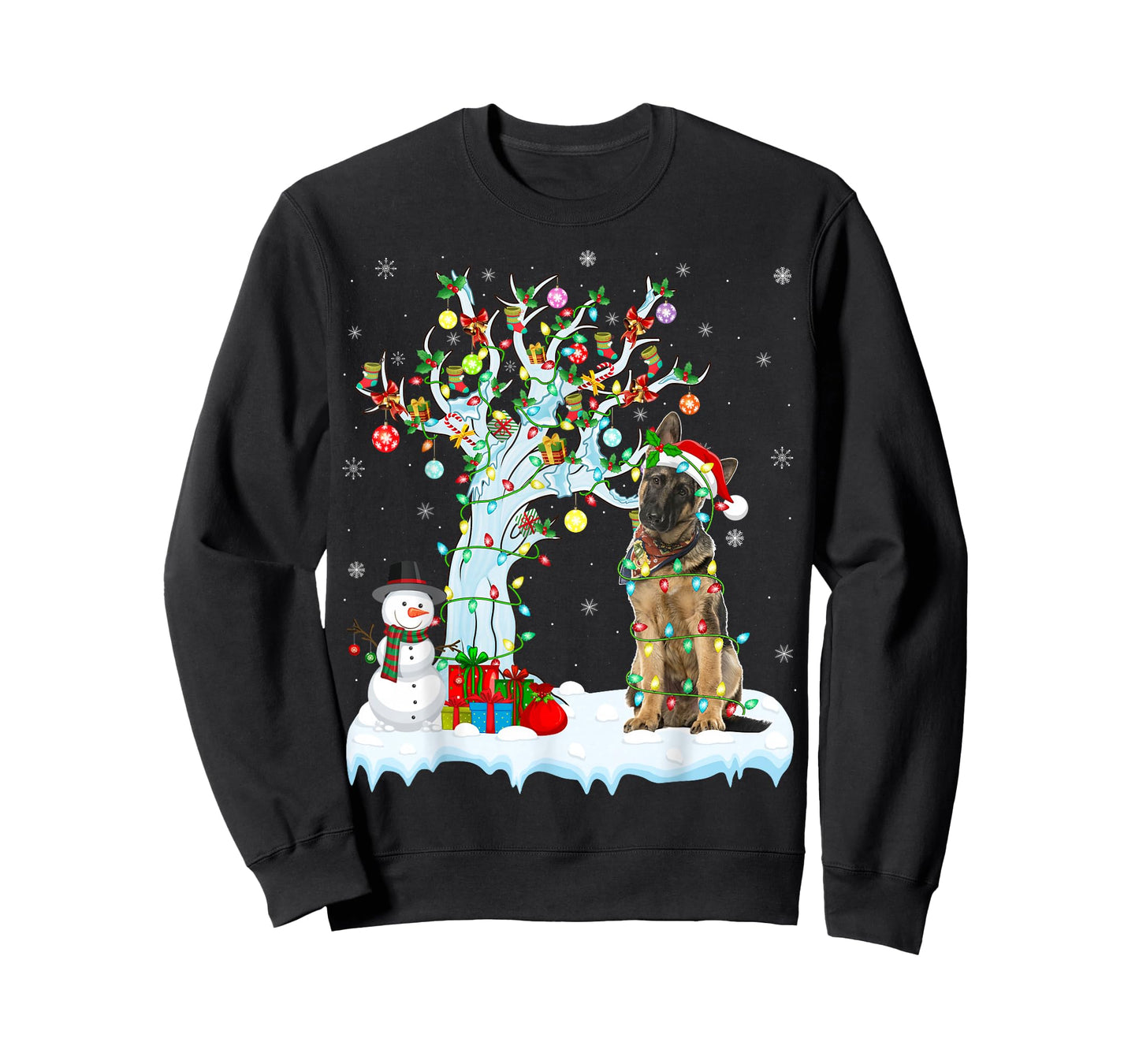 Funny Xmas Tree Lighting Santa Hat German Shepherd Christmas T-Shirt
