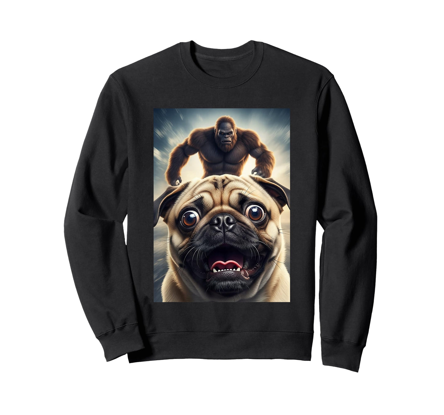 Funny Scared Pug Dog Selfie with Bigfoot Women Men Kids T-Shirt