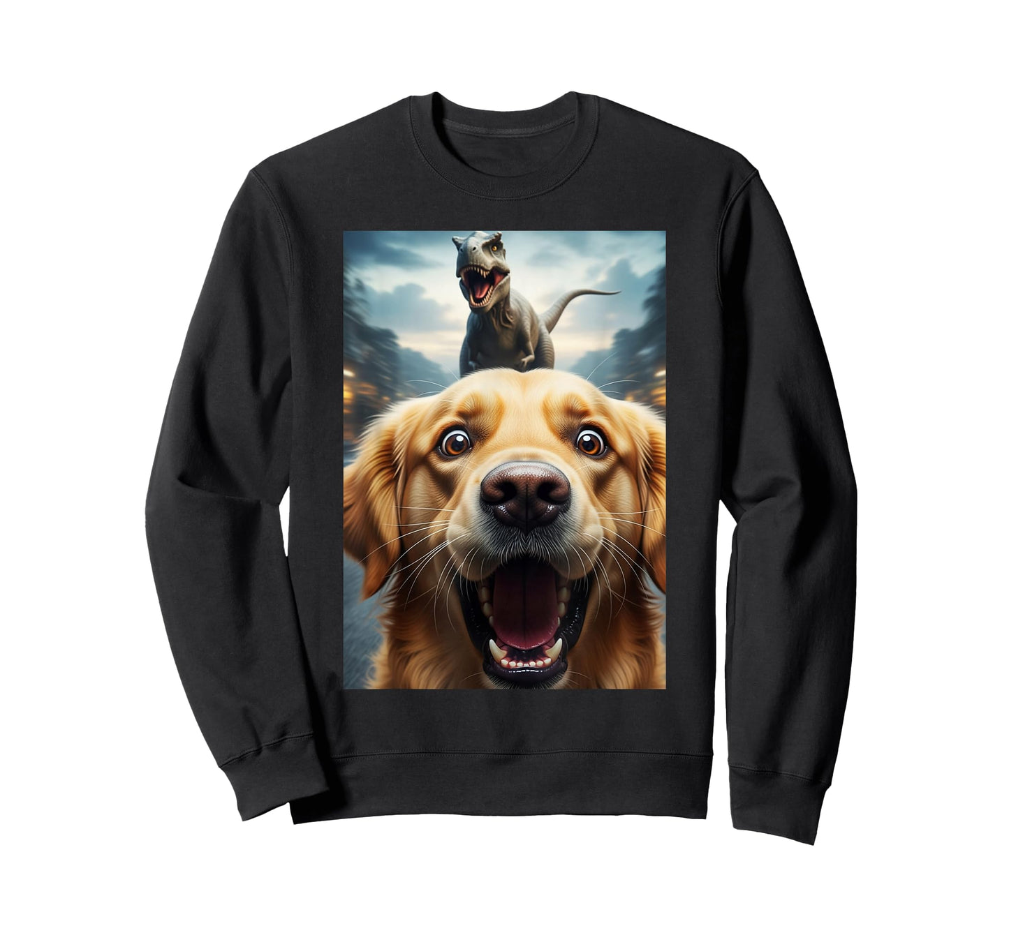 Funny Golden Retriever Dog Selfie with T-Rex Women Men Kids T-Shirt