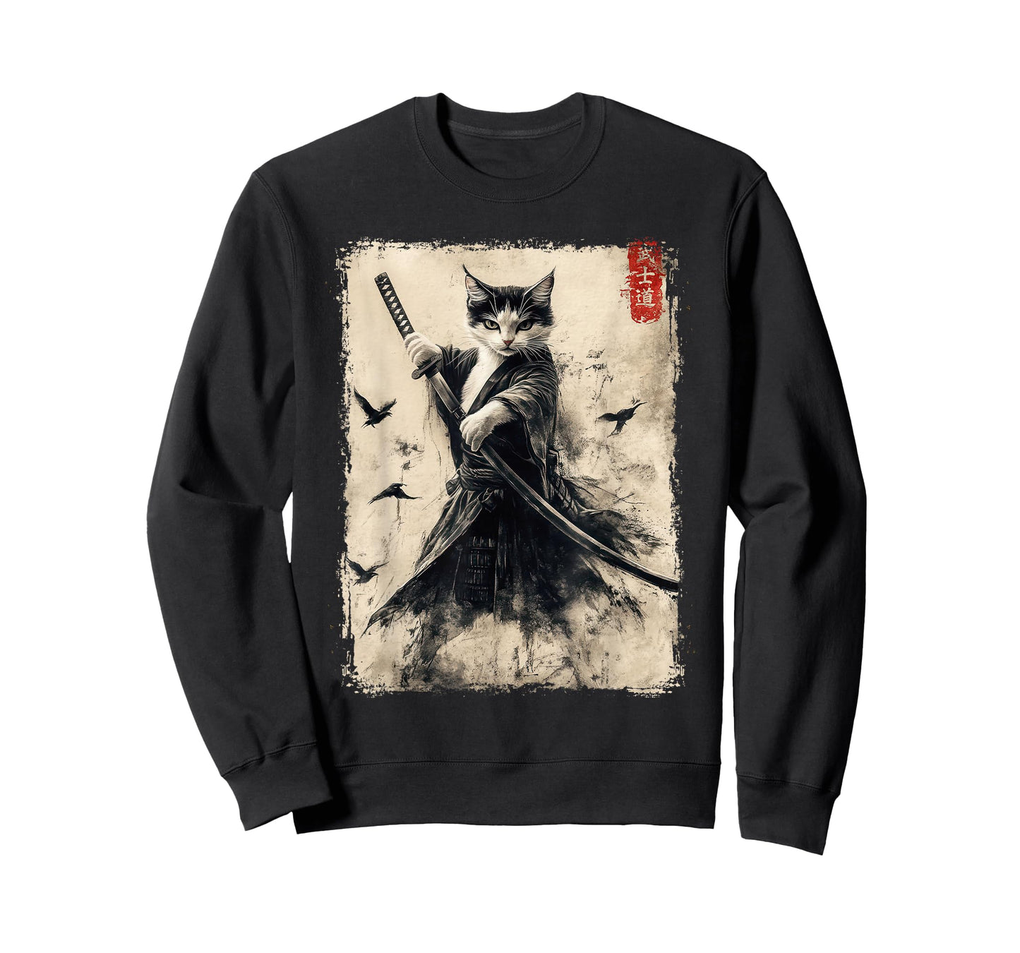 Samurai Cat Graphic Tee Warrior Vintage Japanese Art Anime T-Shirt