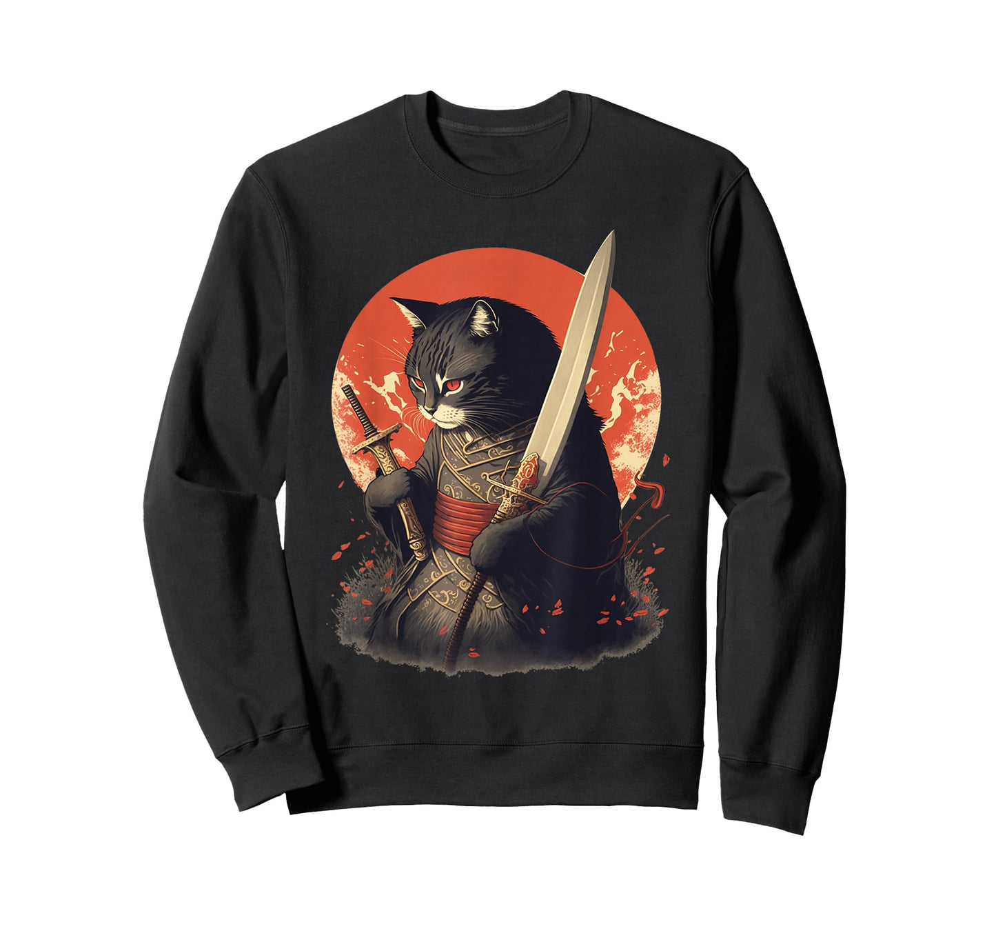 Retro Japanese Samurai Ninja Cat Kawaii Tattoo Graphic Style T-Shirt