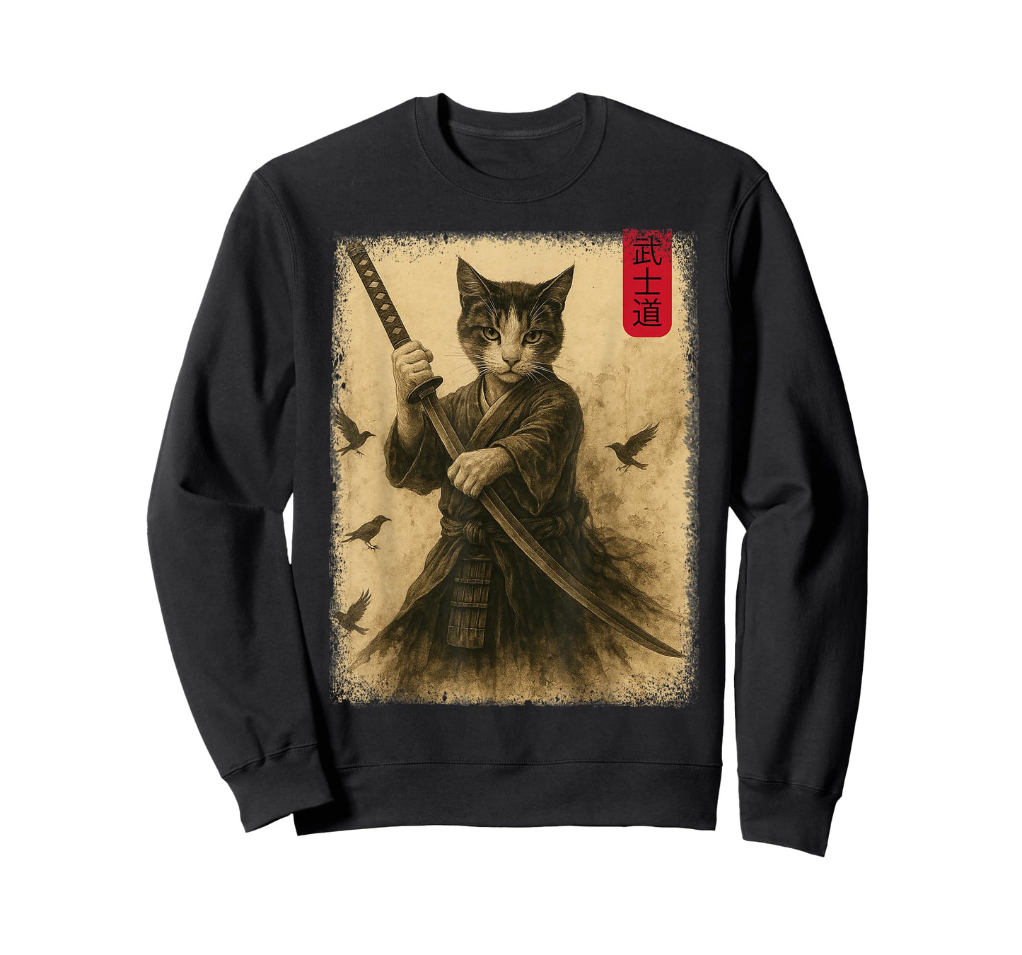 Samurai Cat Graphic Warrior Vintage Japanese Cat Anime T-Shirt