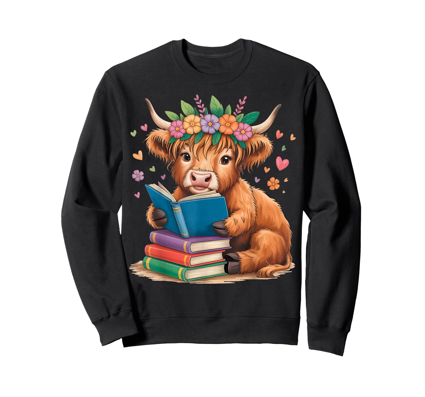 Cute Highland Cow Reading Books Farm Animal Flowers T-Shirt