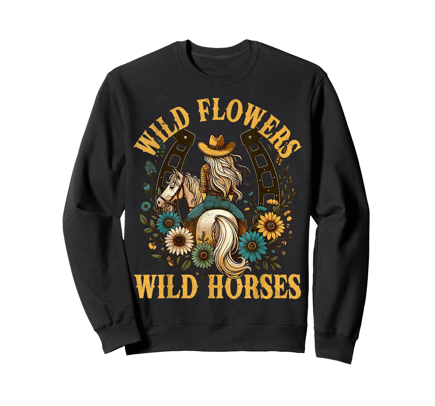 Retro Southern Sunset Cowgirl Wild Flowers - Wild Horses T-Shirt