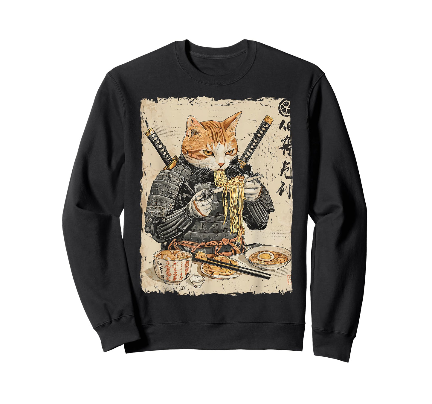 Samurai Cat Loves Ramen Funny Anime Japanese Artwork Samurai T-Shirt