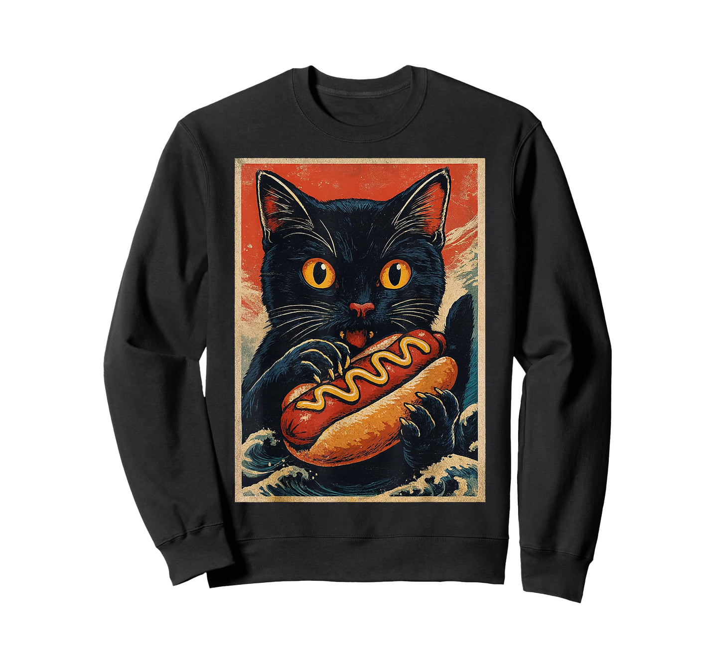 Funny Black Cat Eating Hot Dog Retro Japanese T-Shirt