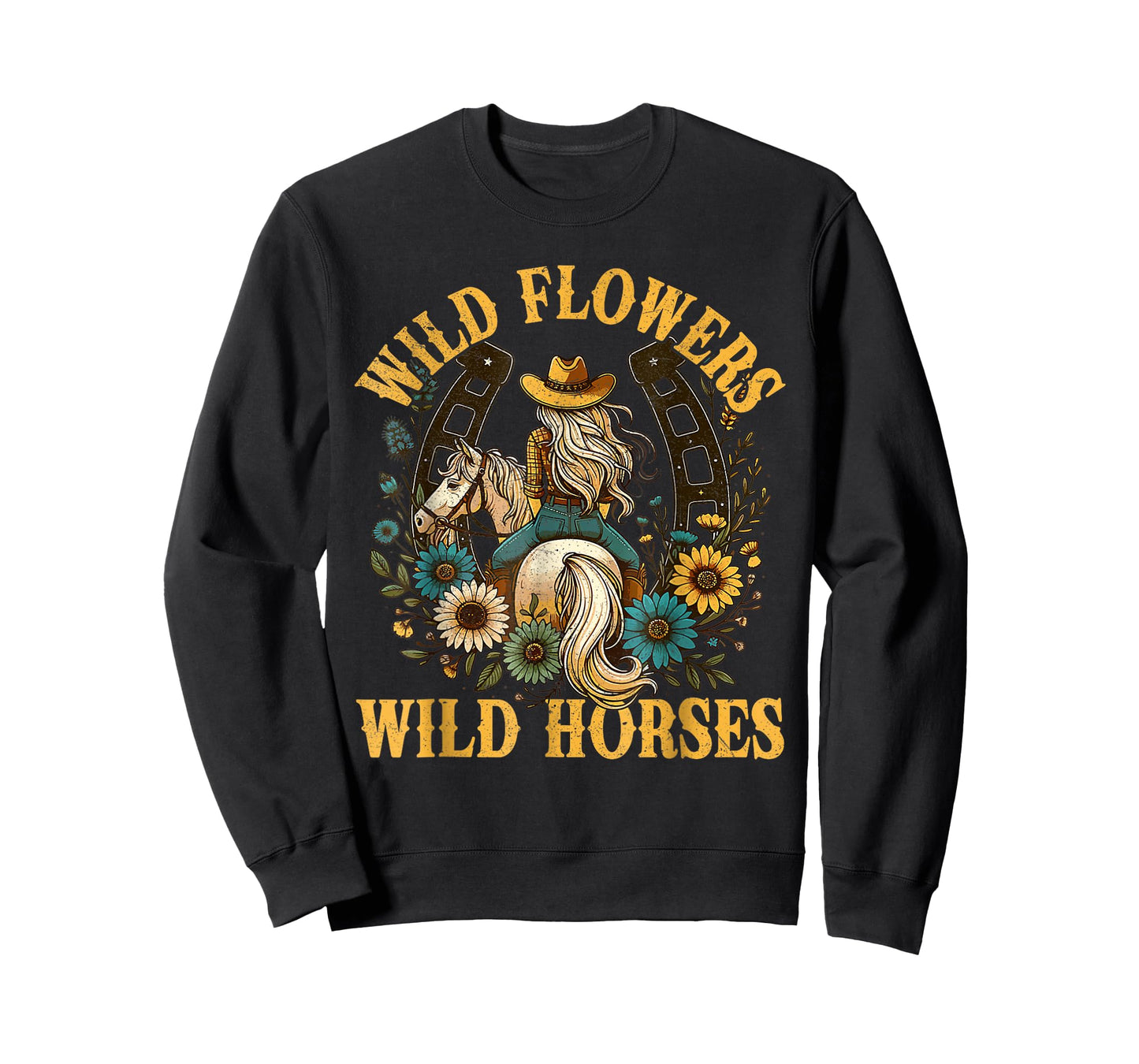 Retro Southern Sunset Cowgirl Wild Flowers Wild Horses T-Shirt