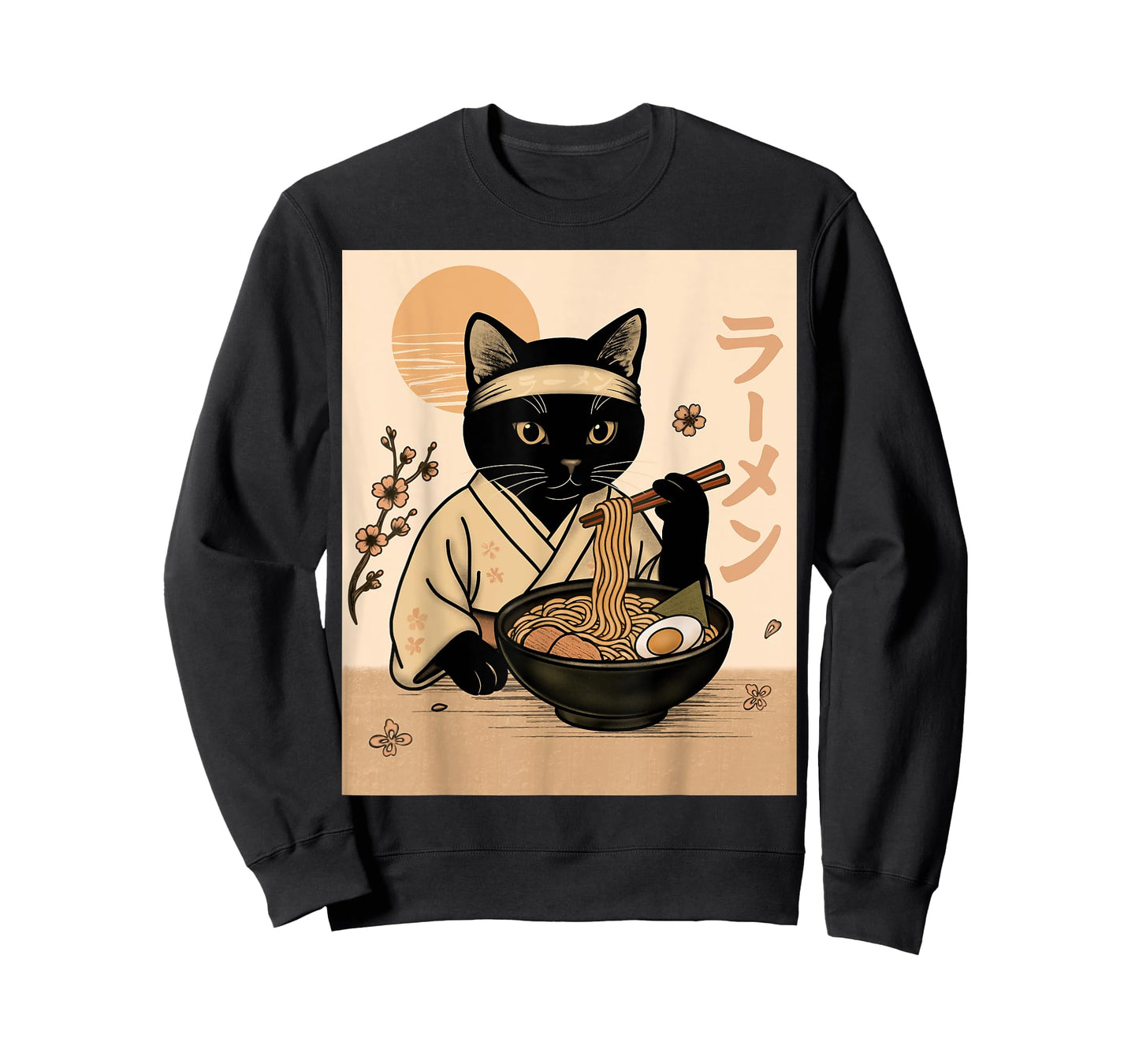 Samurai Cat Eating Ramen in Kimono Japanese Food Art T-Shirt