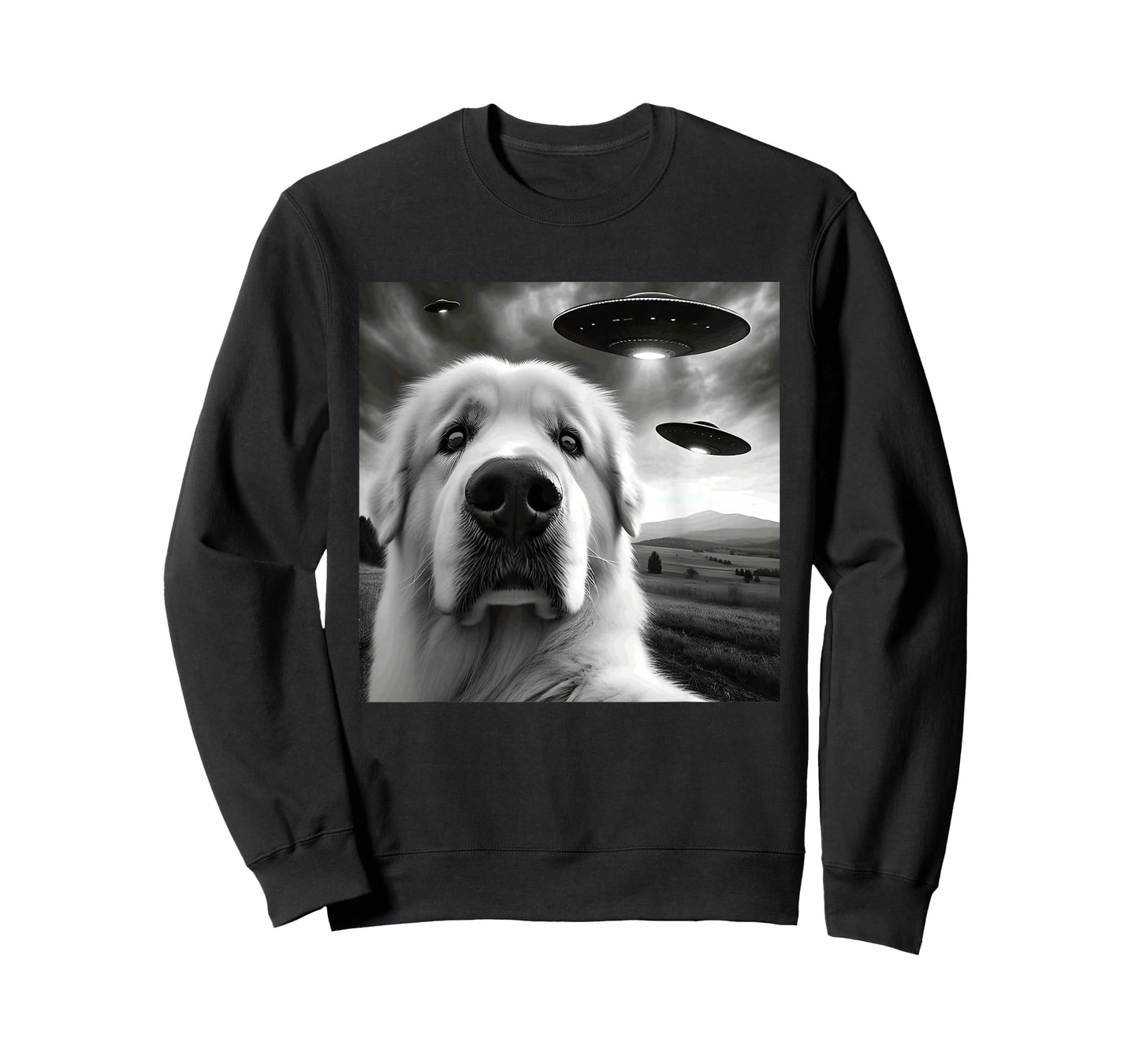 Great Pyrenees Funny Graphic Selfie with UFOs Weird Aliens T-Shirt