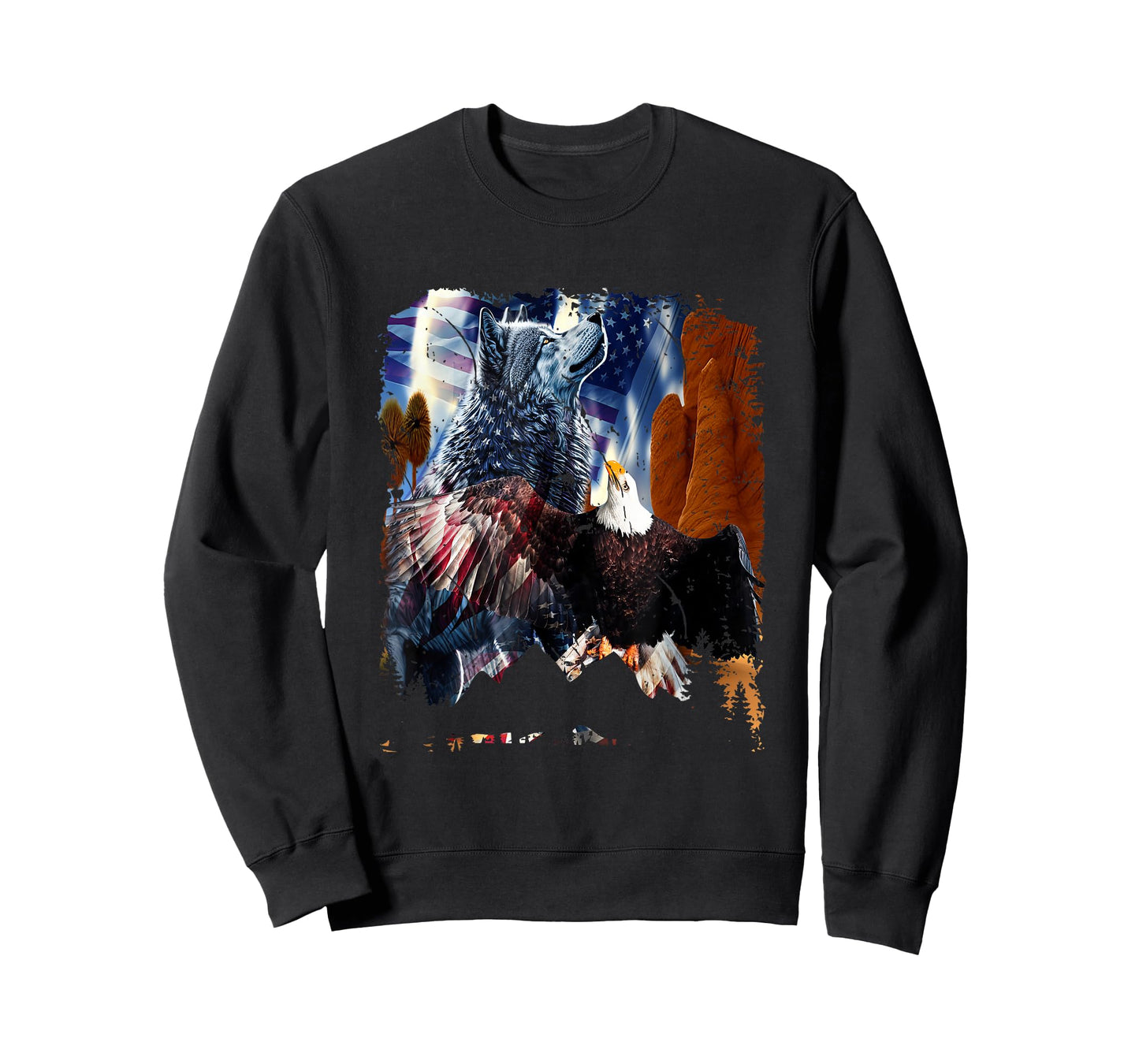 Wolf With Bald Eagles American Flag Patriotic Independence Women Men T-Shirt