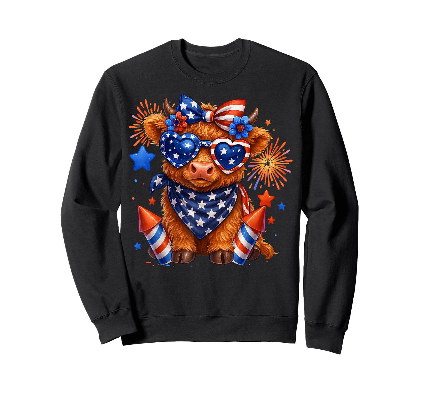 Cute Highland Cow 4th Of July USA Flag Patriotic Cow Farmer T-Shirt