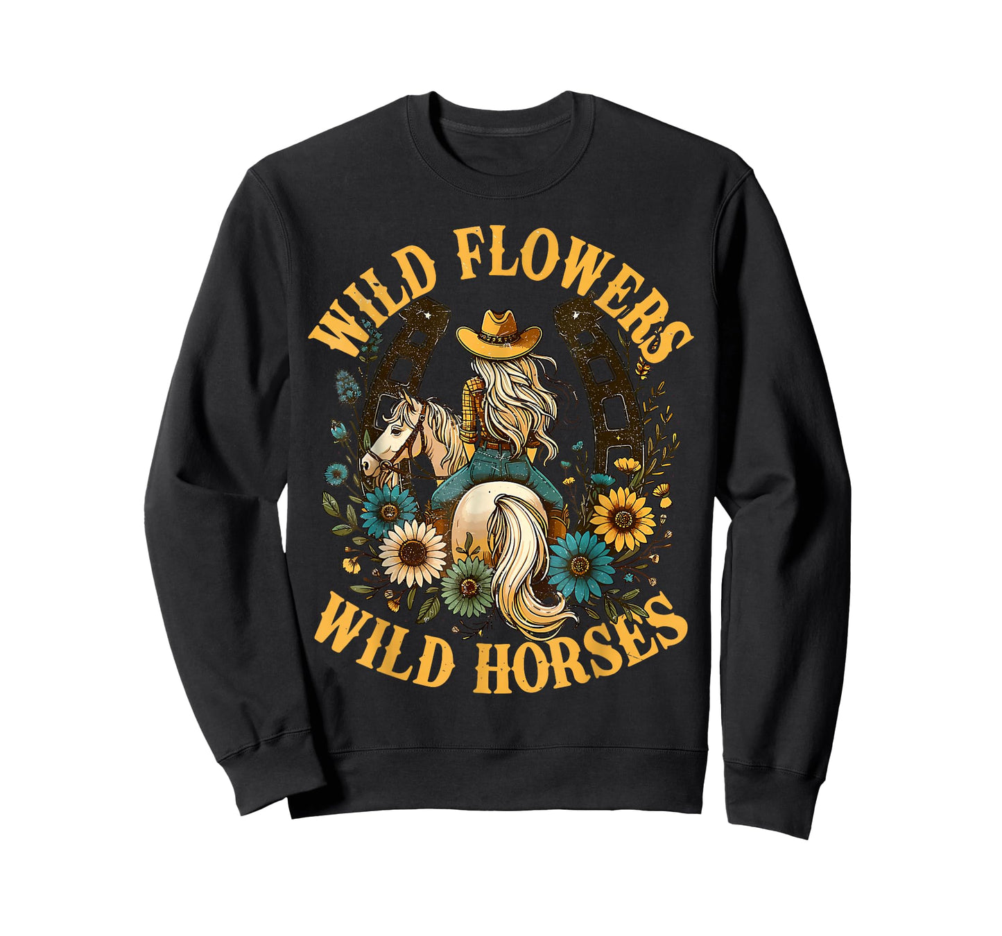 Southern Sunset Cowgirl Retro Wild Flowers Horses for Girl T-Shirt
