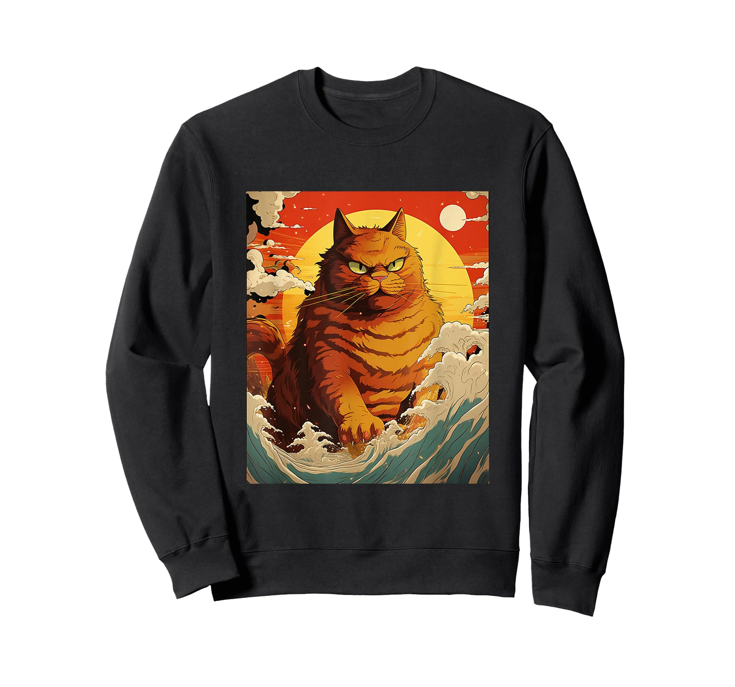 Catzilla Vintage Funny Cute Cat Art Japanese Sunset Waves T-Shirt for Men Women