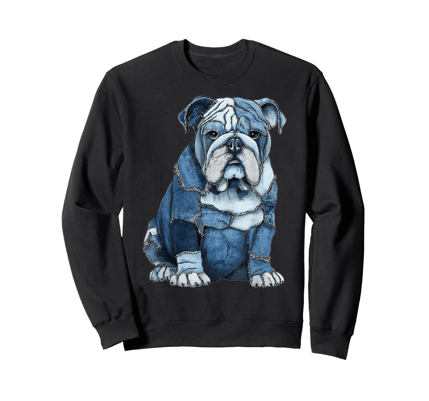 Funny English Bulldog Dog Blue Denim Patchwork Graphic T-Shirt