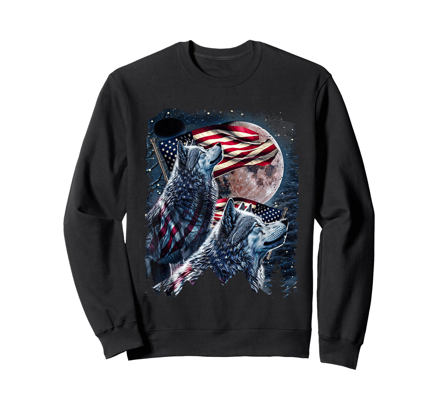 Wolf 4th of July American Flag Howling Wolves Under Moon T-Shirt