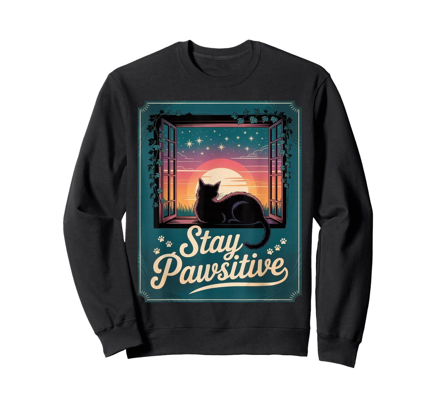 Stay Pawsitive Cat Lover Chill Relaxation Sunset Vibes T-Shirt