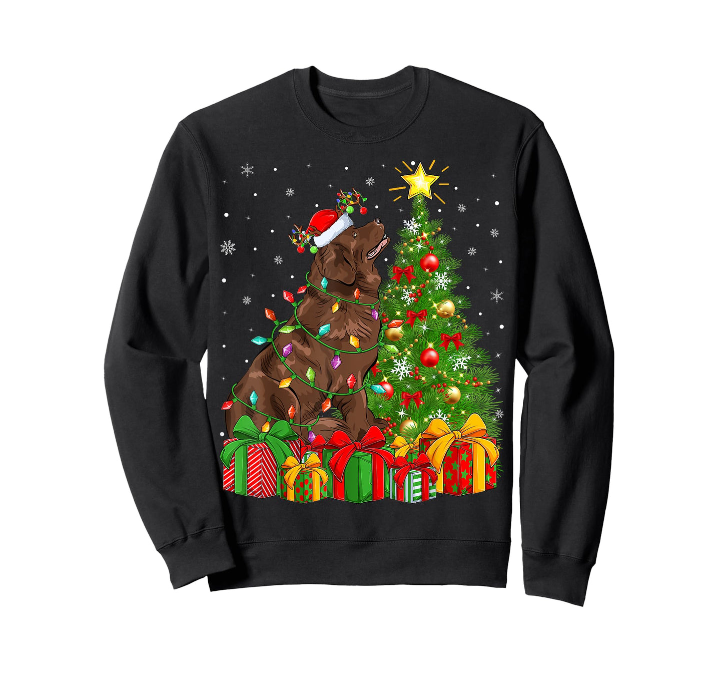 Xmas Tree Lighting Santa Newfoundland Dog Christmas Men Women Kids T-Shirt