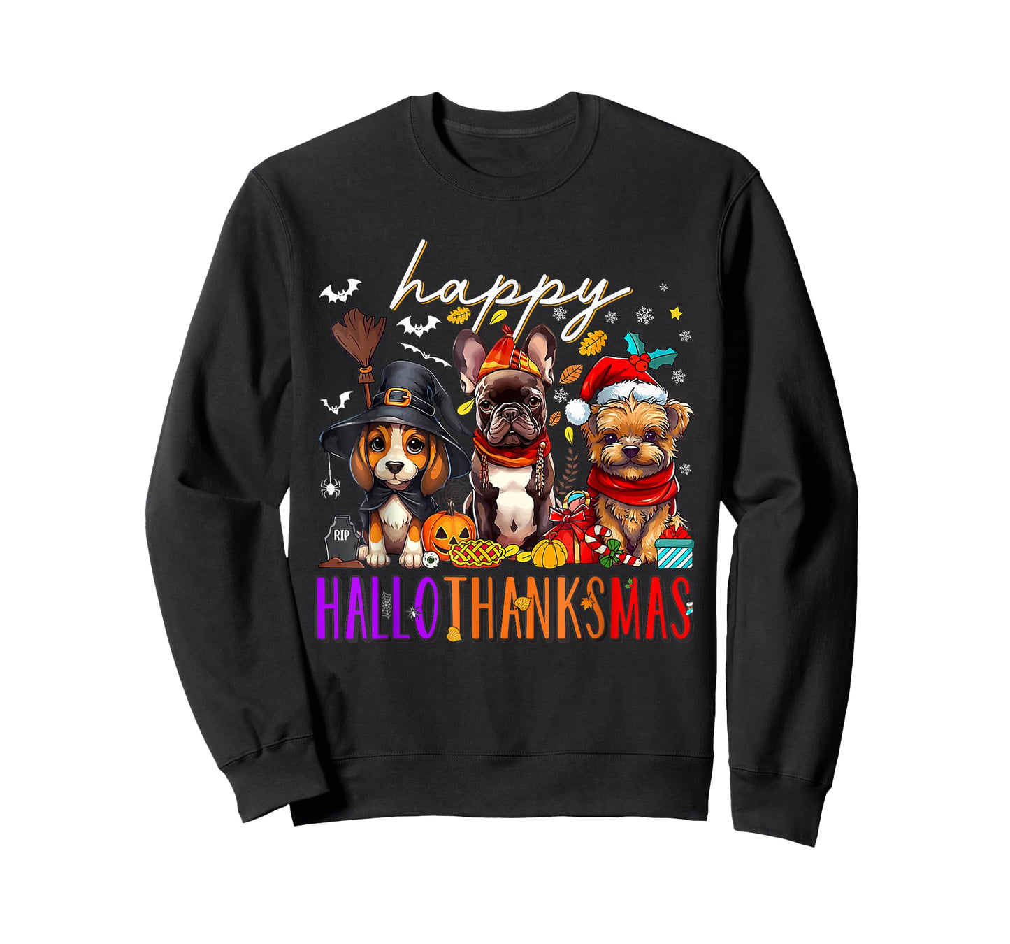 Happy HalloThanksMas Dogs Halloween Thanksgiving Christmas T-Shirt