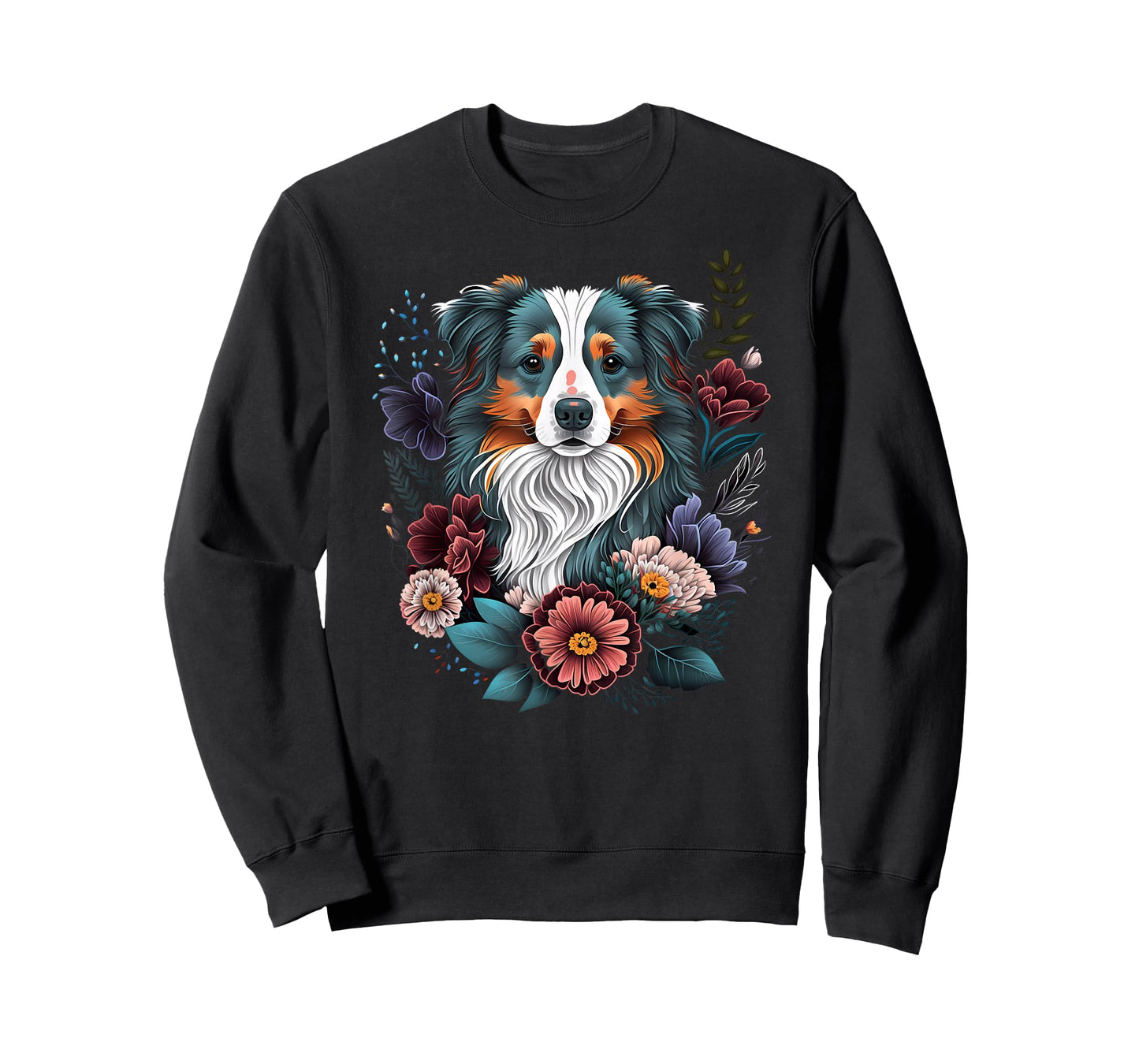 Australian Shepherd Puppy Floral Garden Dog Art Painting T-Shirt