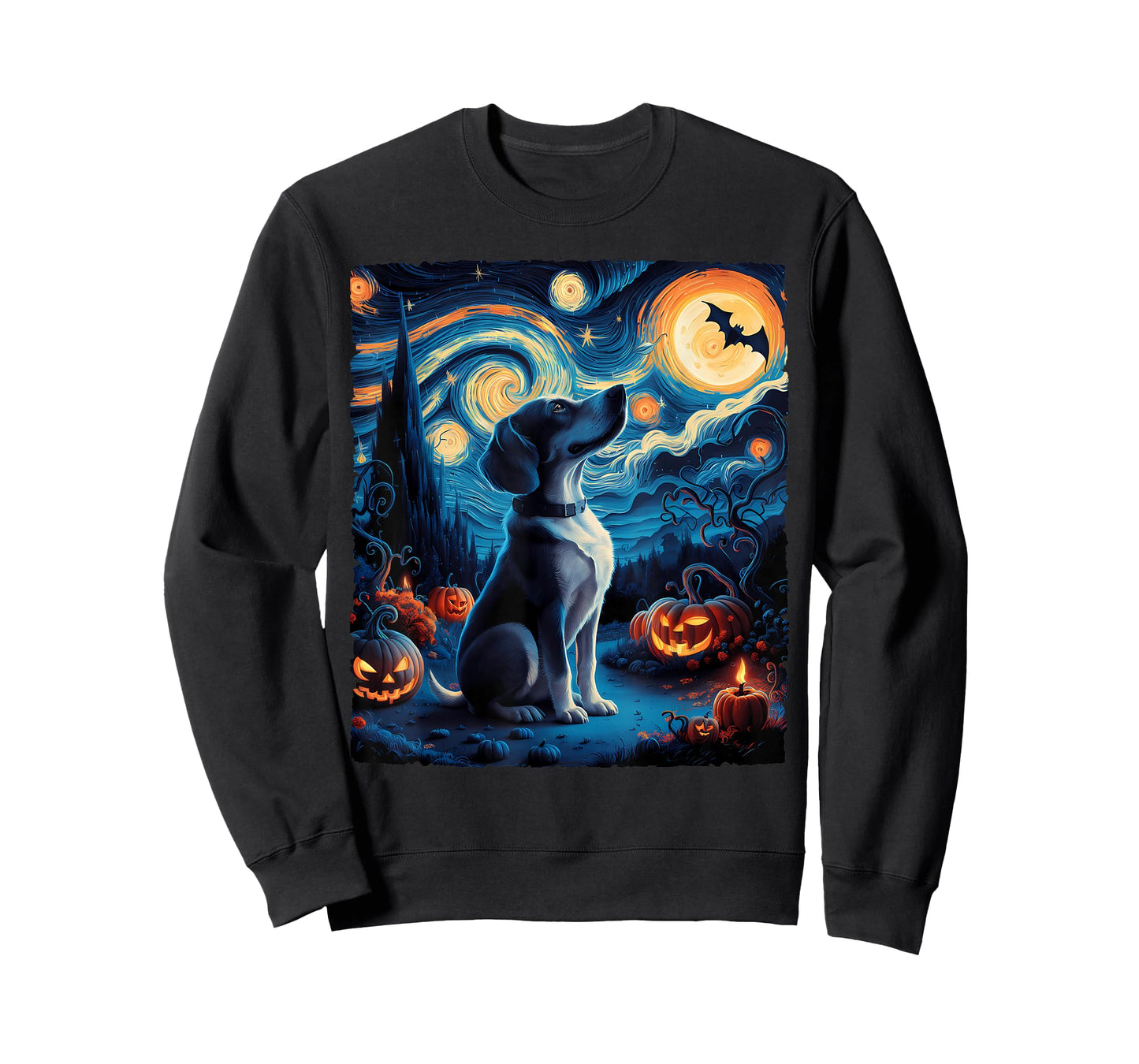 Van Gogh' Starry Night Dog Pumpkins Bats Funny Halloween Tee T-Shirt for Men Women Kids