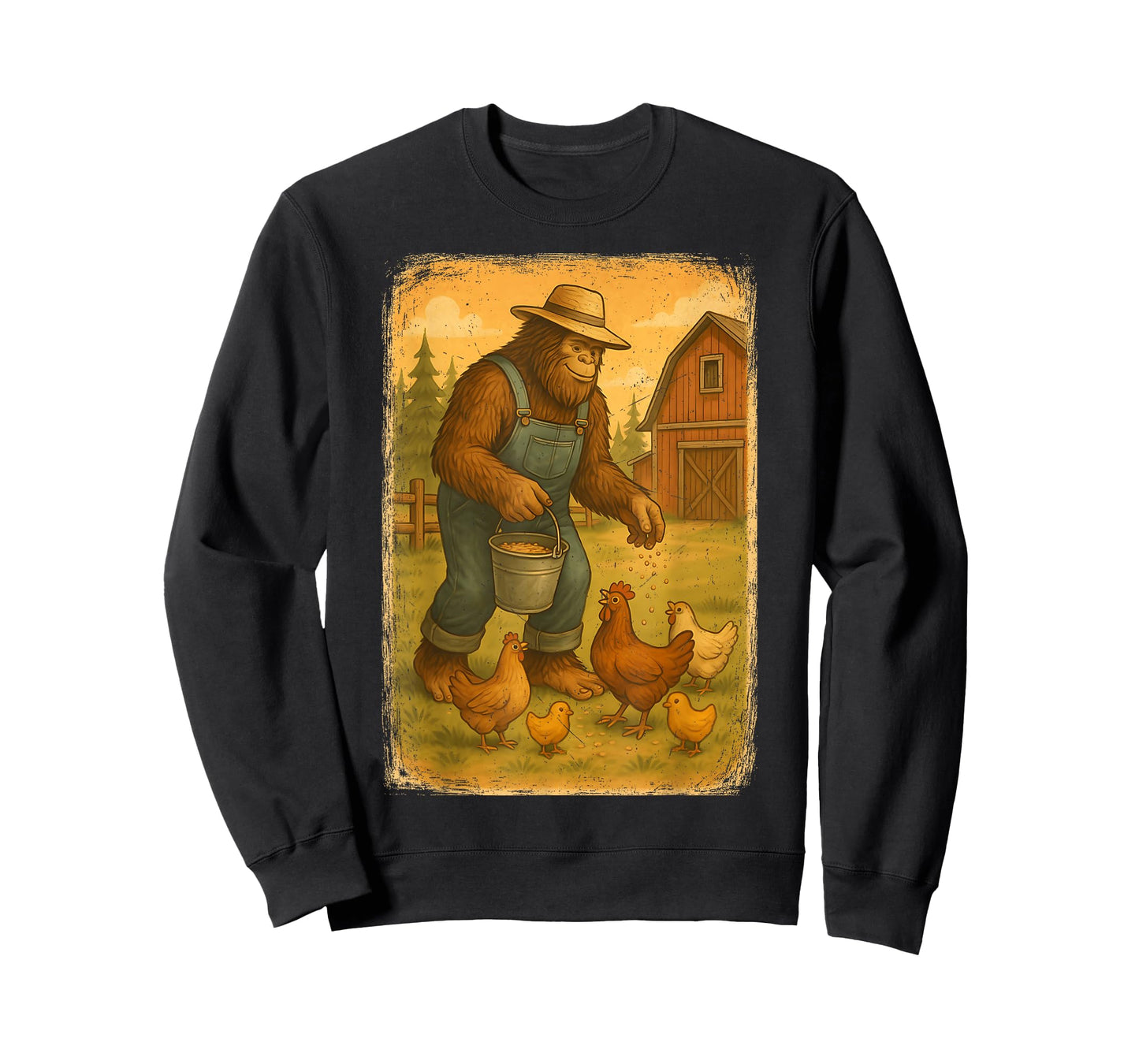 Bigfoot Farmer Sasquatch Feeding Chickens Funny Farming T-Shirt