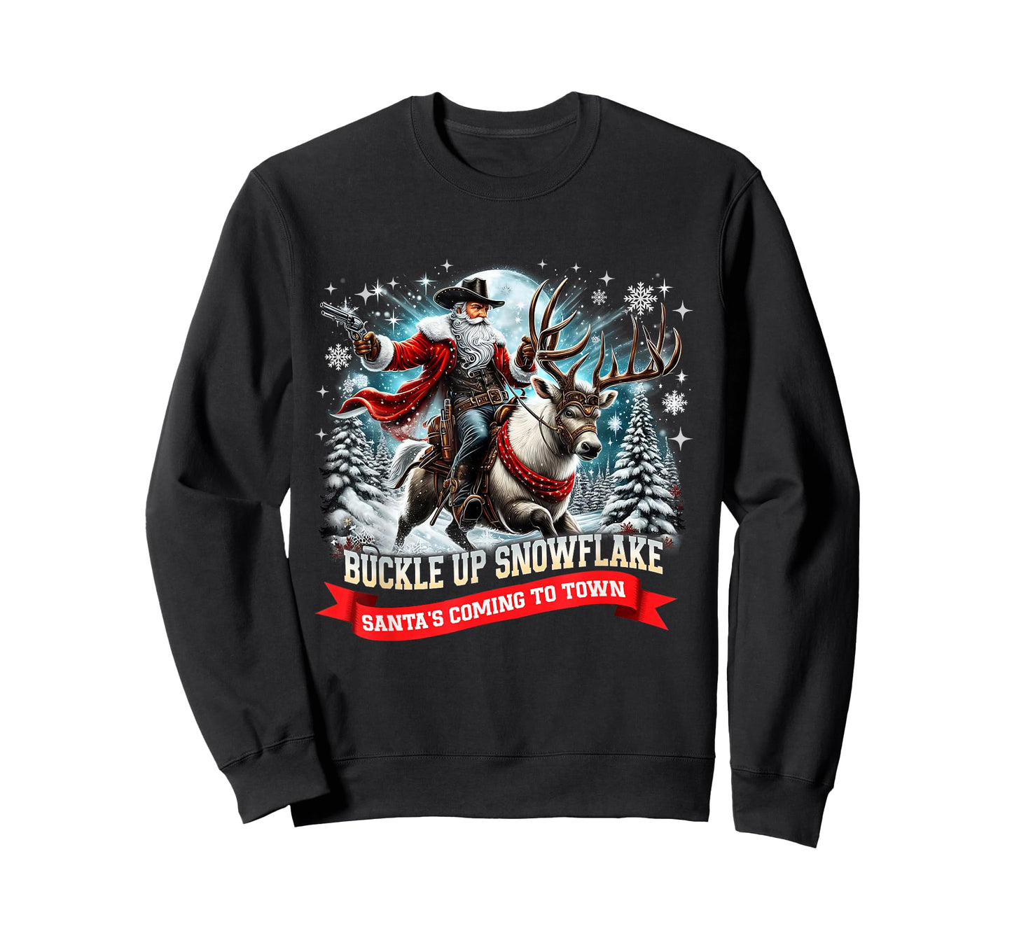 Buckle Up Snowflake Funny Cowboy Santa Design T-Shirt