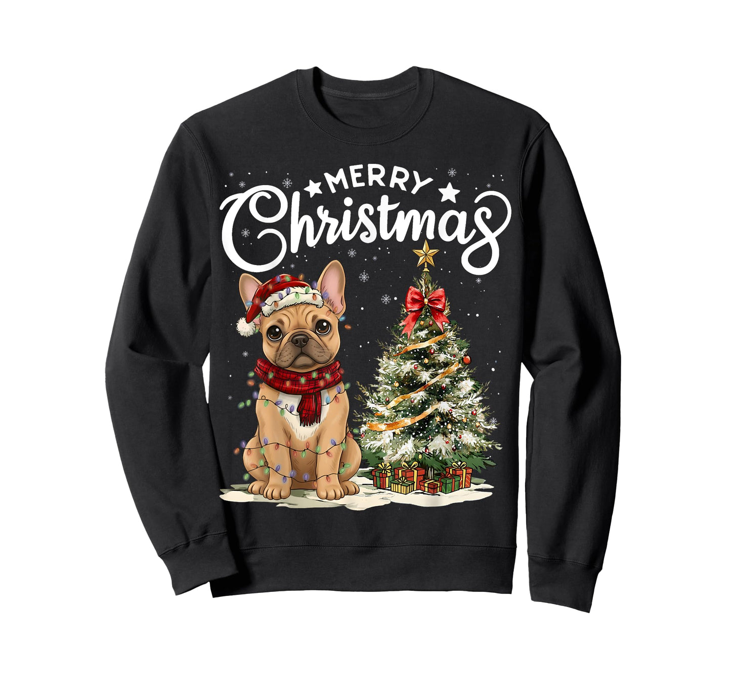 French Bulldog Merry Christmas Dog Santa Hat Tree Lights T-Shirt