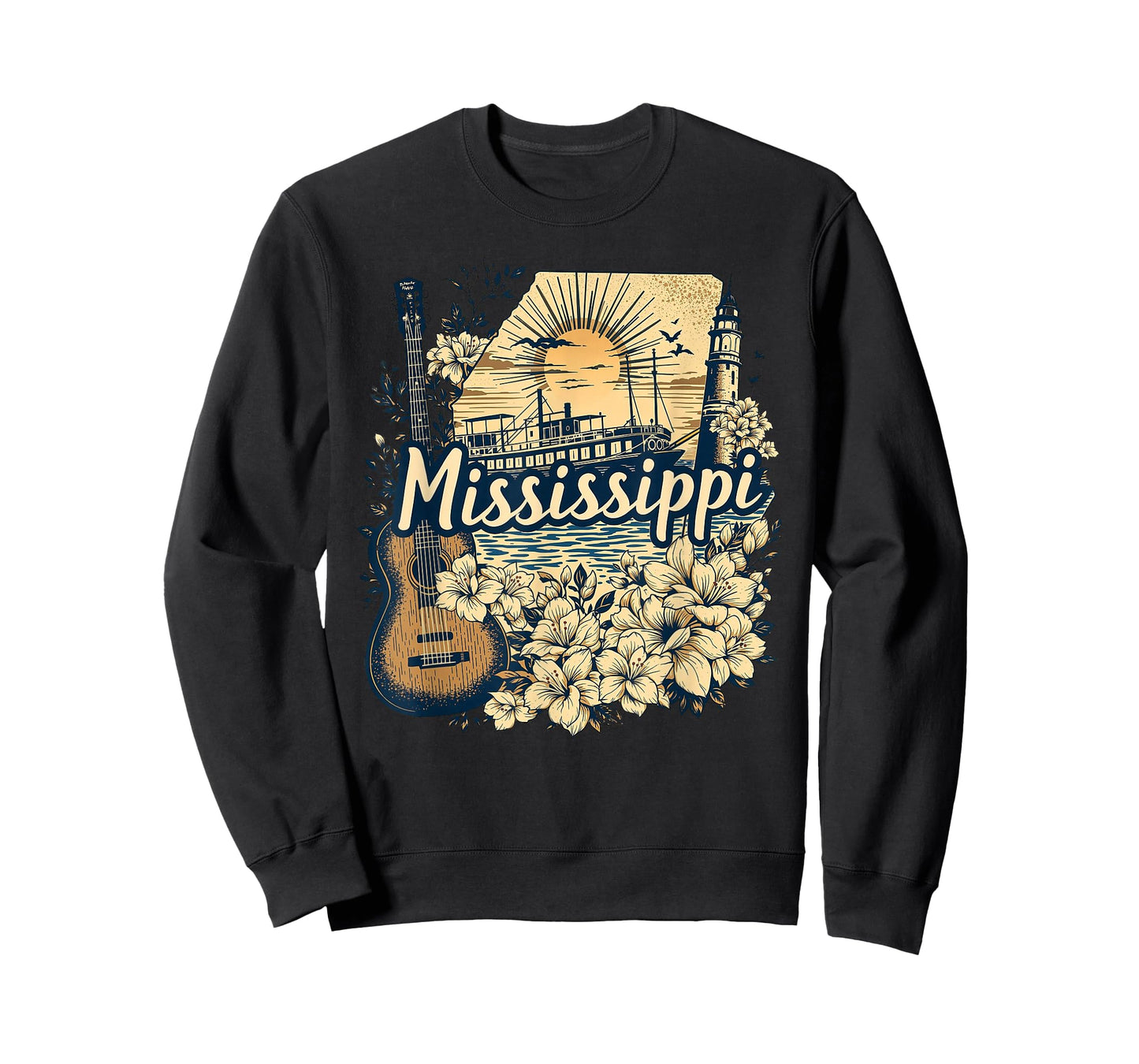 Retro Mississippi Home State MS Guitar and Flowers T-Shirt