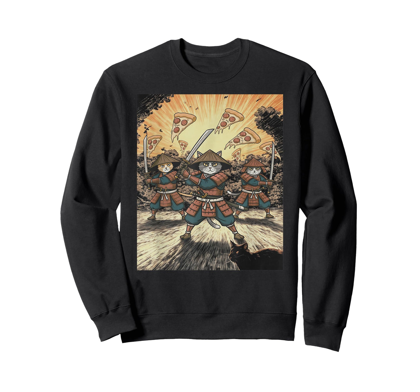 Pizza Battle Cat Graphic Funny Neko Warrior Anime Samurai T-Shirt