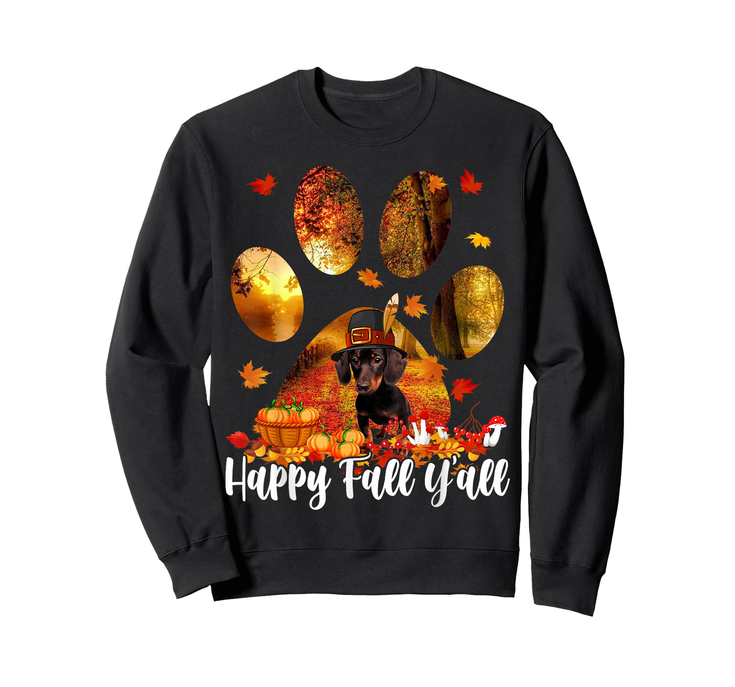 Happy Fall Y'all Thanksgiving Dachshund Pilgrim Dog Paw Fall T-Shirt