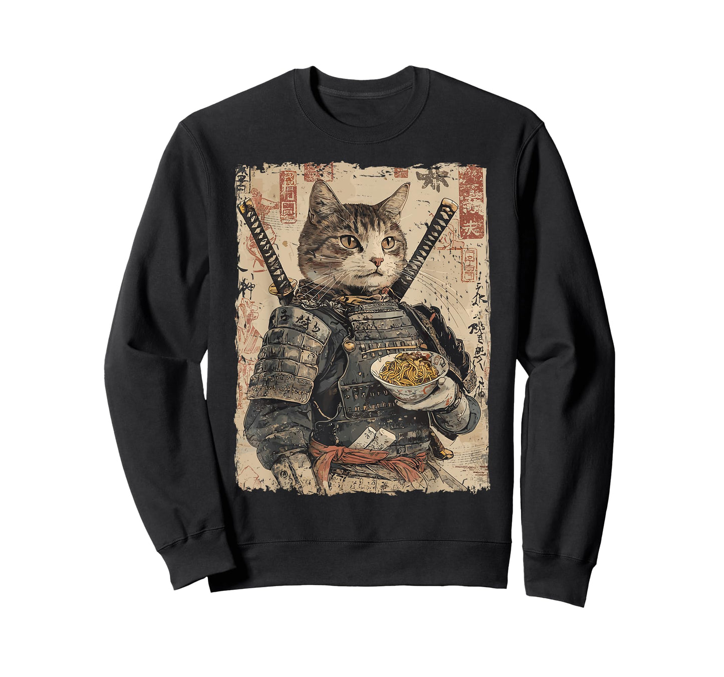 Samurai Cat Loves Ramen Funny Anime Japanese Artwork Samurai T-Shirt
