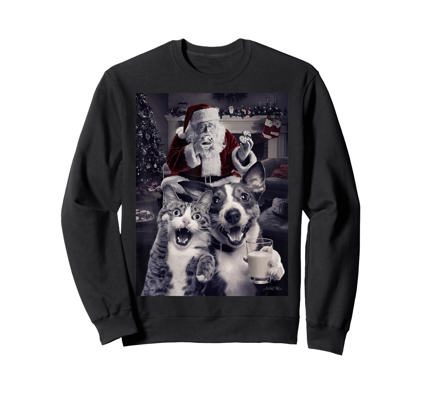Funny Dog and Cat Selfie With Santa Christmas Men Women Girls Kids T-Shirt