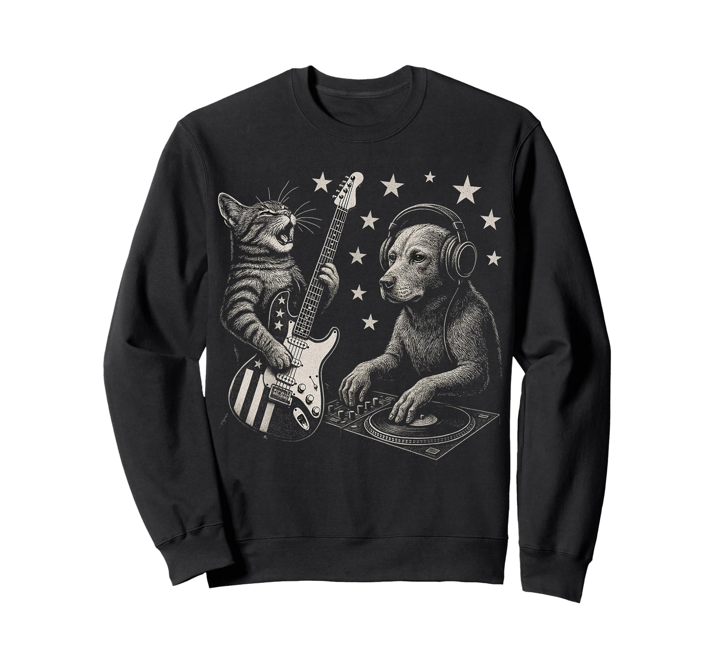 Cat Guitarist and Dog DJ Animal Music Lovers Design Graphic T-Shirt