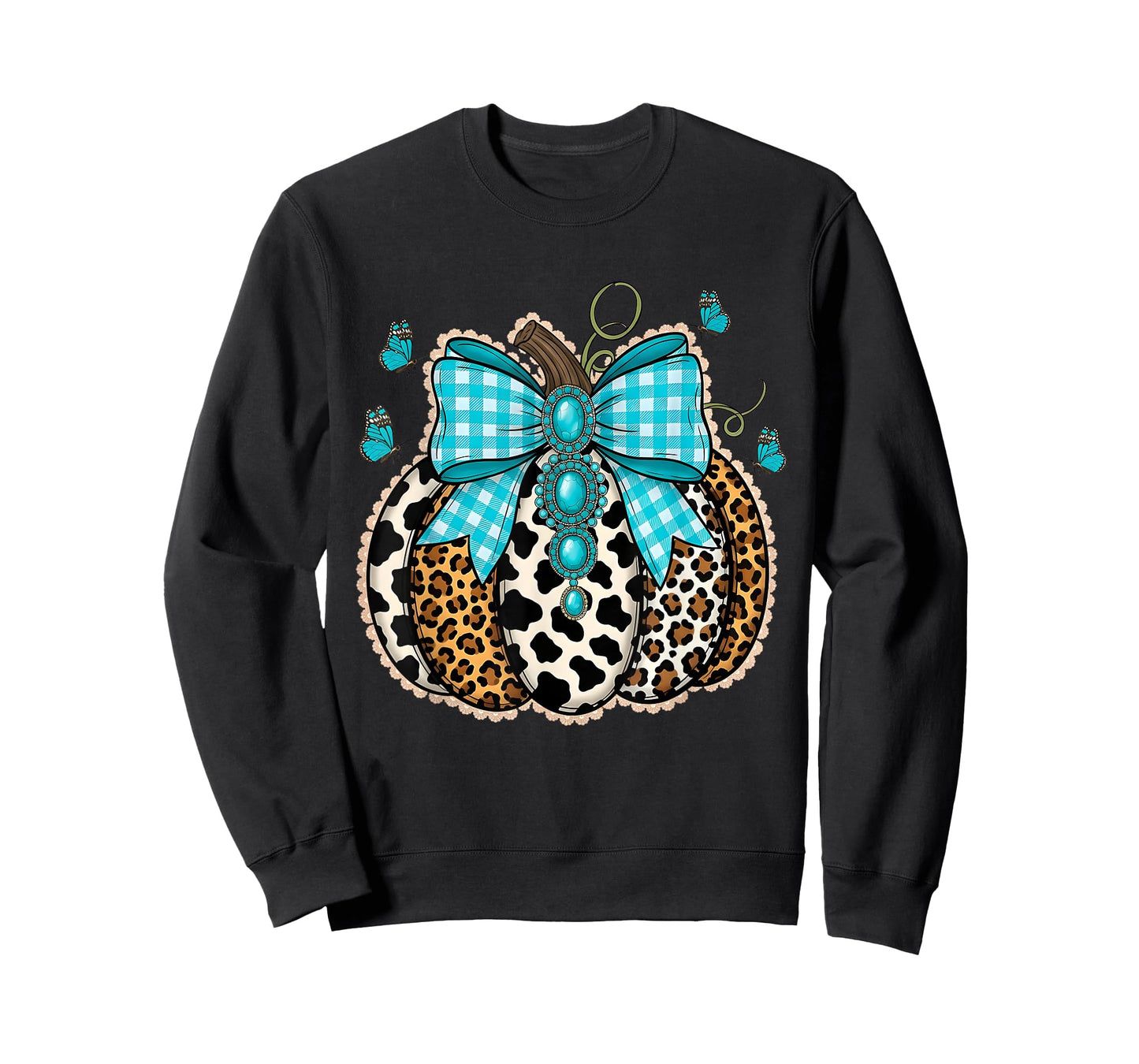 Leopard Turquoise Lace Pumpkin Fall Thanksgiving Halloween T-Shirt