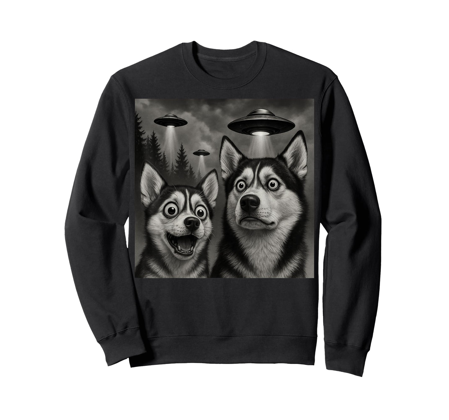 Huskies Watching UFOs Funny Dog Lover Design T-Shirt