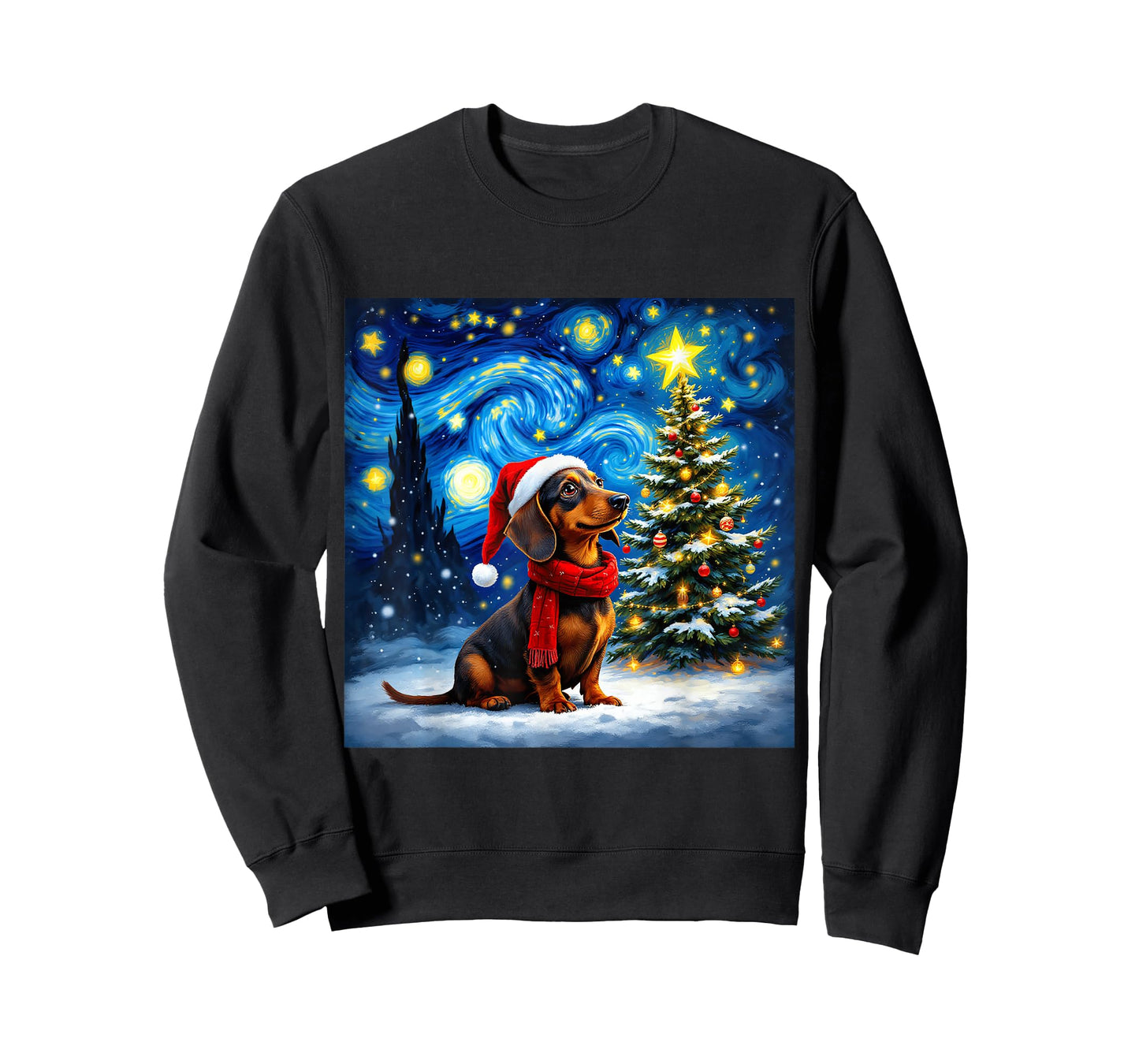 Dachshund Starry Night Christmas Van Gogh Dog Santa Hat T-Shirt