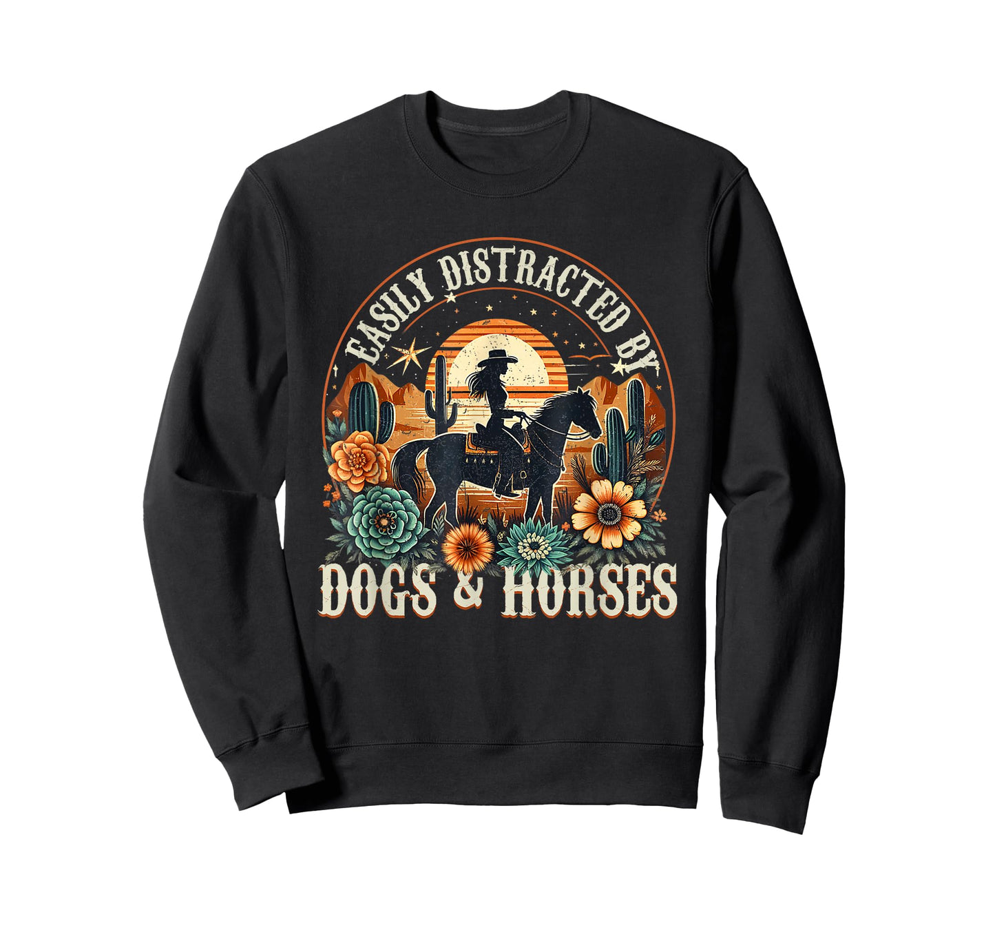 Easily Distracted By Dogs And Horse Funny Horse Retro Sunset T-Shirt