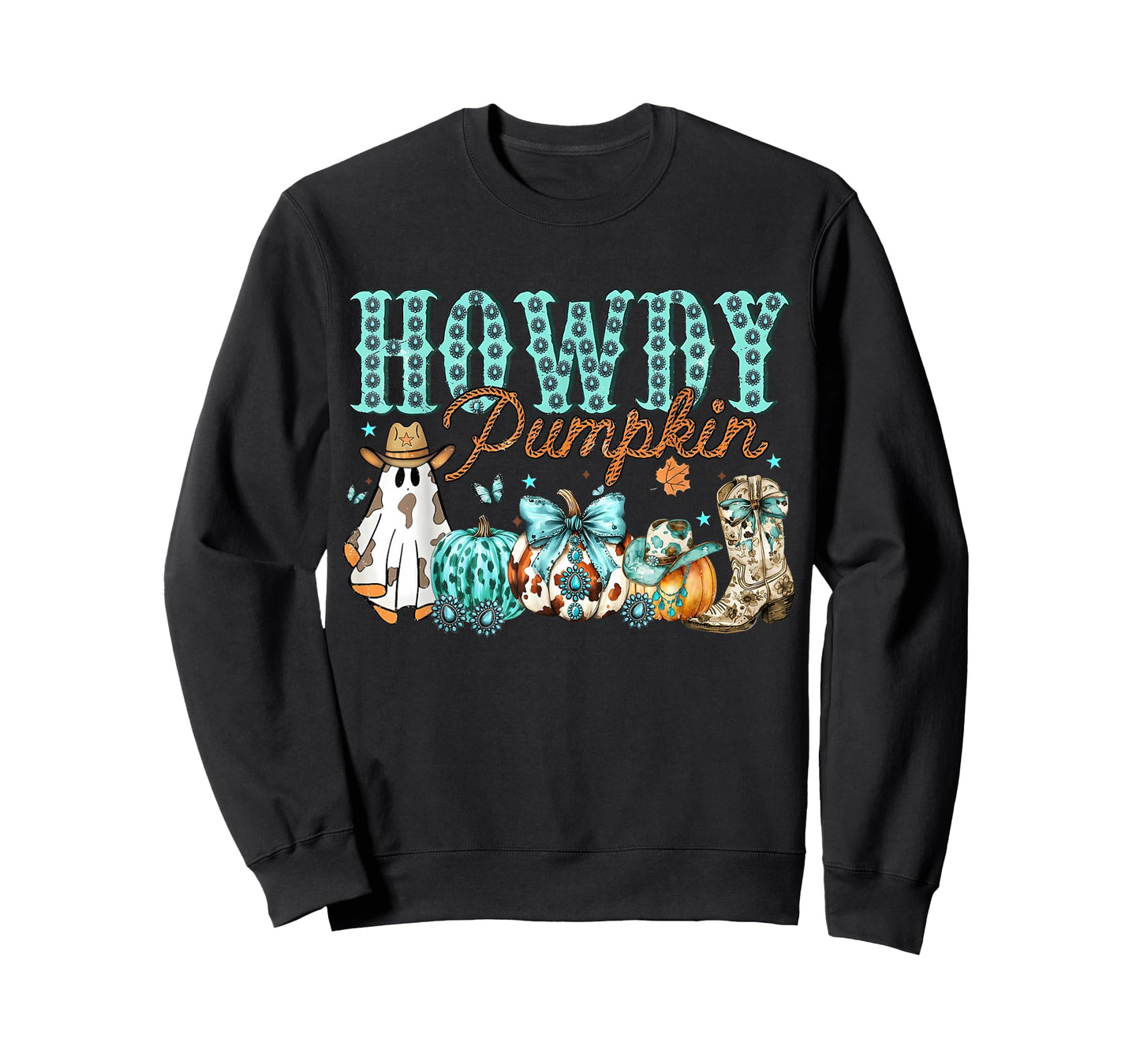 Howdy Fall Western Pumpkin Turquoise Coquette Bow Cowgirl T-Shirt