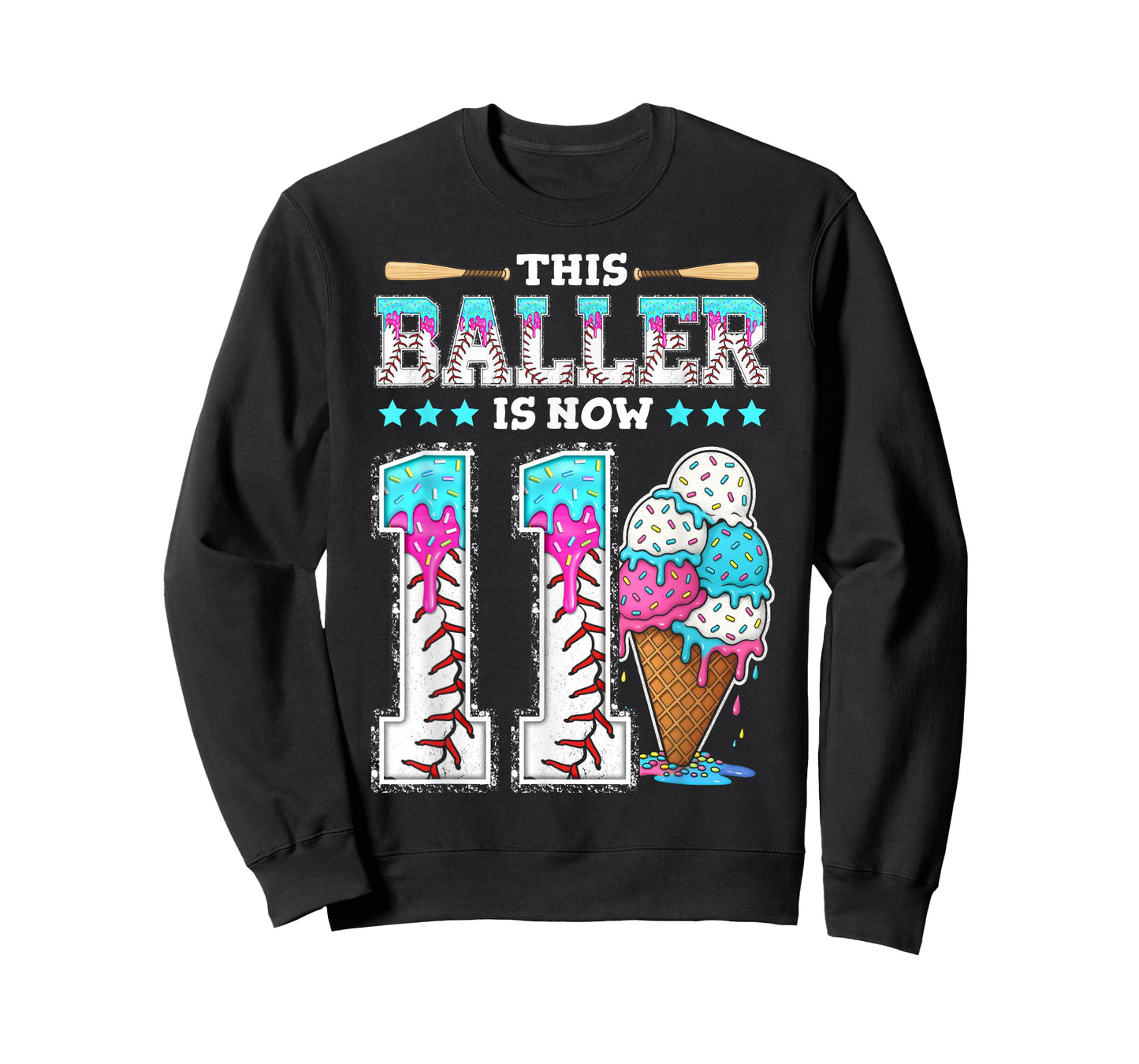 Baller Is Now 11 Year Ice Cream Drip 11th Birthday Baseball T-Shirt
