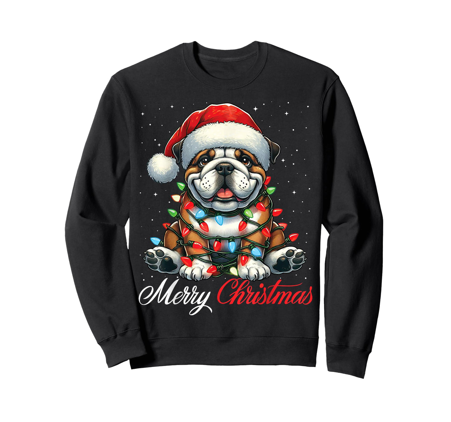 English Bulldog Merry Christmas Lights Santa Hat Xmas Snow T-Shirt