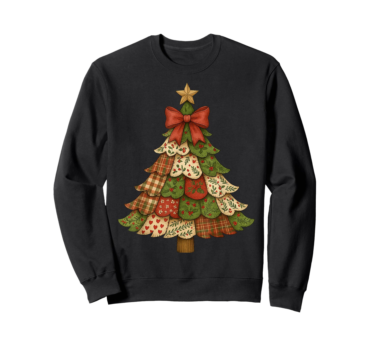 Vintage Patchwork Christmas Tree Retro Merry Christmas Bow T-Shirt